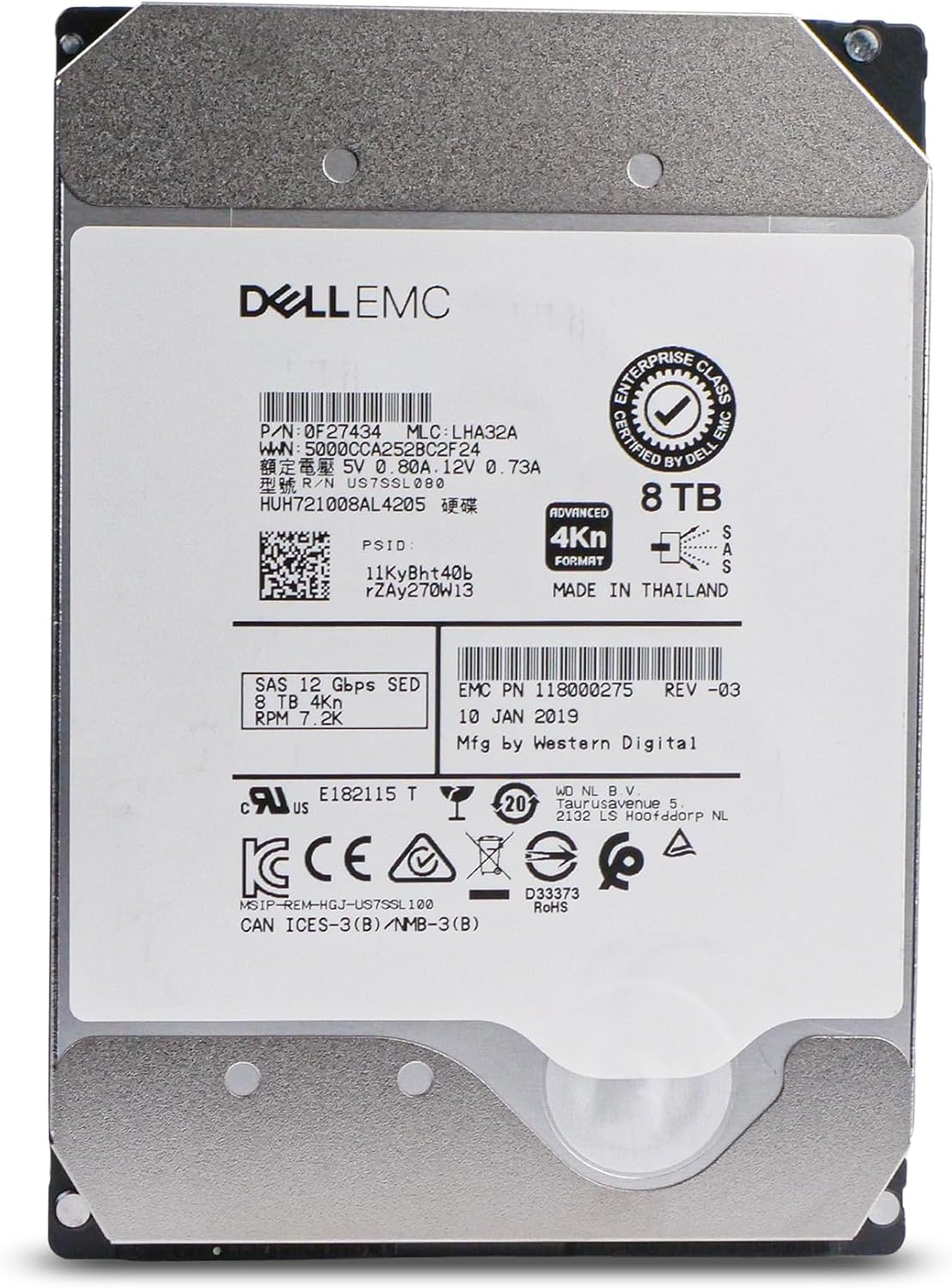 Dell/Western Digital Ultrastar DC HC510 HUH721008AL4205 0F27409 8TB 7.2K RPM SAS 12Gb/s 4Kn 256MB 3.5in Enterprise Hard Drive (Renewed)