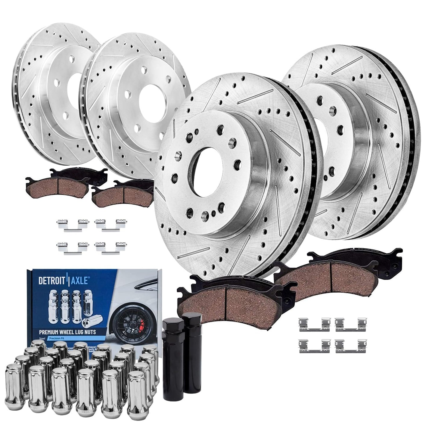 Detroit Axle - Brake Kit for Chevy GMC Silverado Sierra 1500 Tahoe Yukon XL Suburban Escalade ESV Drilled Disc Rotors Ceramic Brakes Pads Replacement : 12.99" Front & 13.58" Rear Rotor