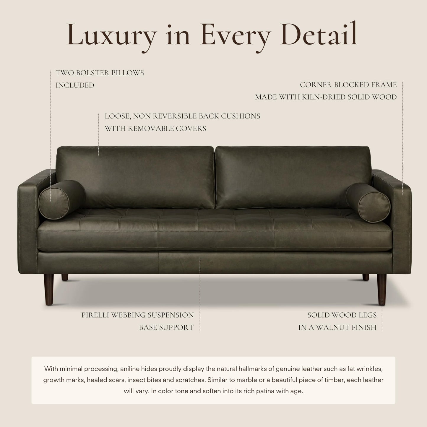 POLY & BARK Napa 82" Leather Pull‑Out Sleeper Sofa – Full‑Grain Italian Leather Upholstery,Tri‑Layer Mattress & Storage Console –Sophisticated Multi‑Functional Sofa Bed for Living Rooms & Guest Spaces