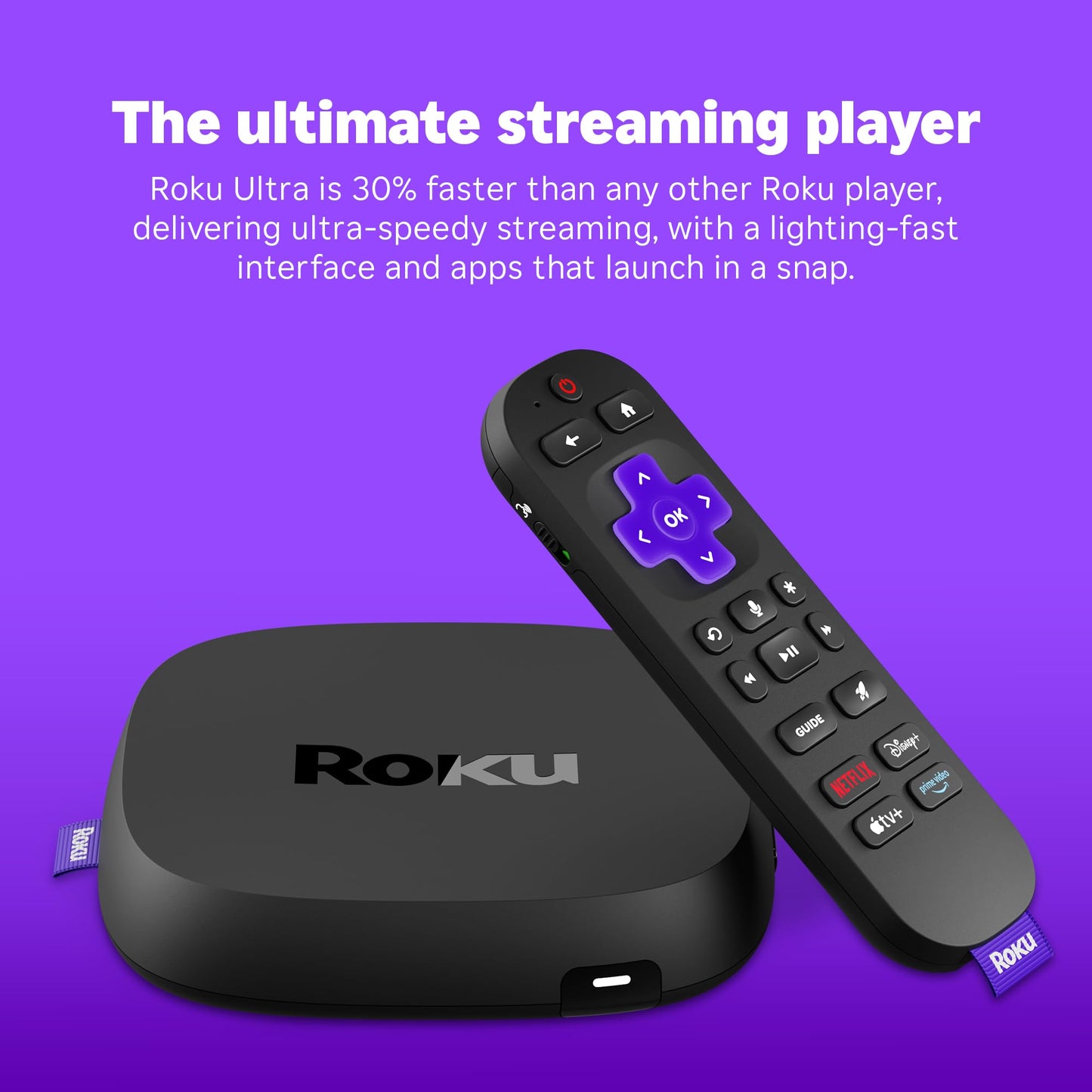 Roku Ultra - Ultimate Streaming Player - 4K Streaming Device for TV with HDR10+, Dolby Vision & Atmos - Bluetooth & Wi-Fi 6 - Rechargeable Voice Remote Pro with Backlit Buttons - Free & Live TV