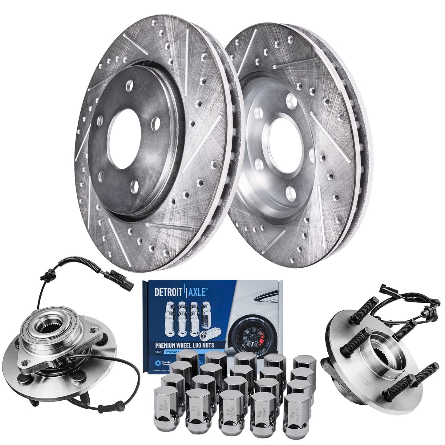 Detroit Axle - Brake Kit for 2006-2018 Dodge Ram 1500 2007-2009 Durango Chrysler Aspen 2019-2024 Ram 1500 Classic, Drilled Slotted Brake Rotors and Ceramic Brakes Pads w/Hardware Replacement