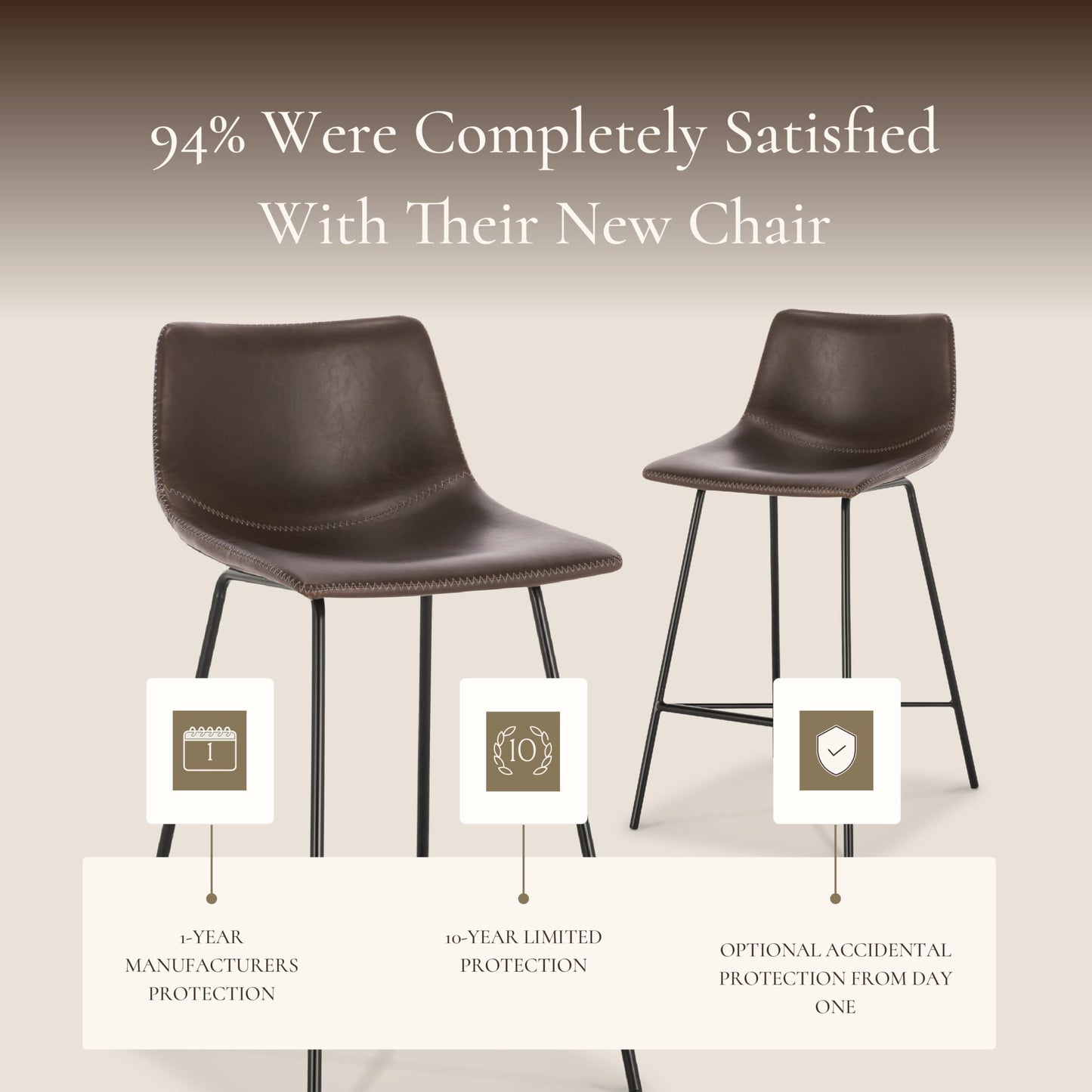 POLY & BARK Paxton Leather Counter Stools 24 Inches – Set of 2 - Counter Height Bar Stools with Back – Modern Barstools for Kitchen Island or Counters – Faux Leather & Matte Black Steel Base – Tan