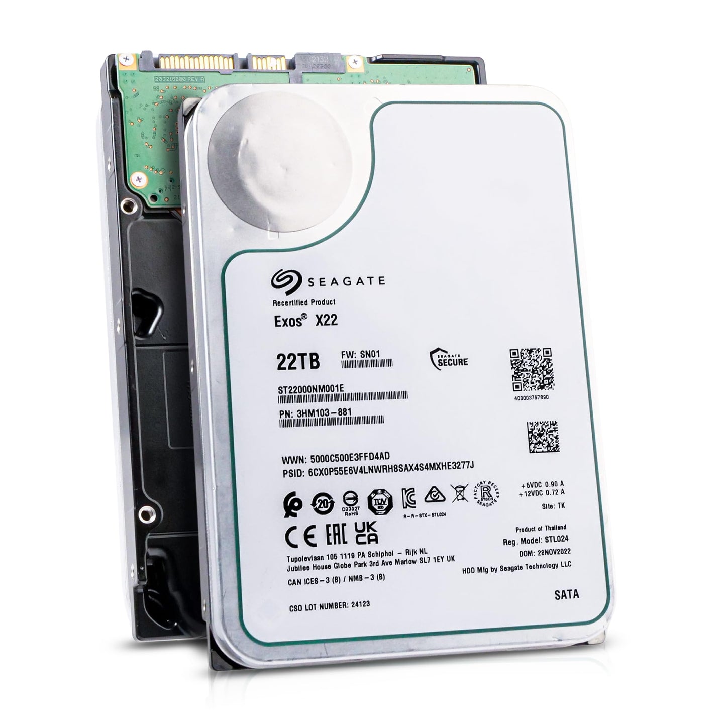 Seagate (Recertified) Exos X22 22TB Internal Hard Drive - 3.5 Inch Hyperscale SATA 6Gb/s HDD, 7200 RPM, 2.5M MTBF, 512e and 4Kn FastFormat, Low Latency with Enhanced Caching (ST22000NM001E)