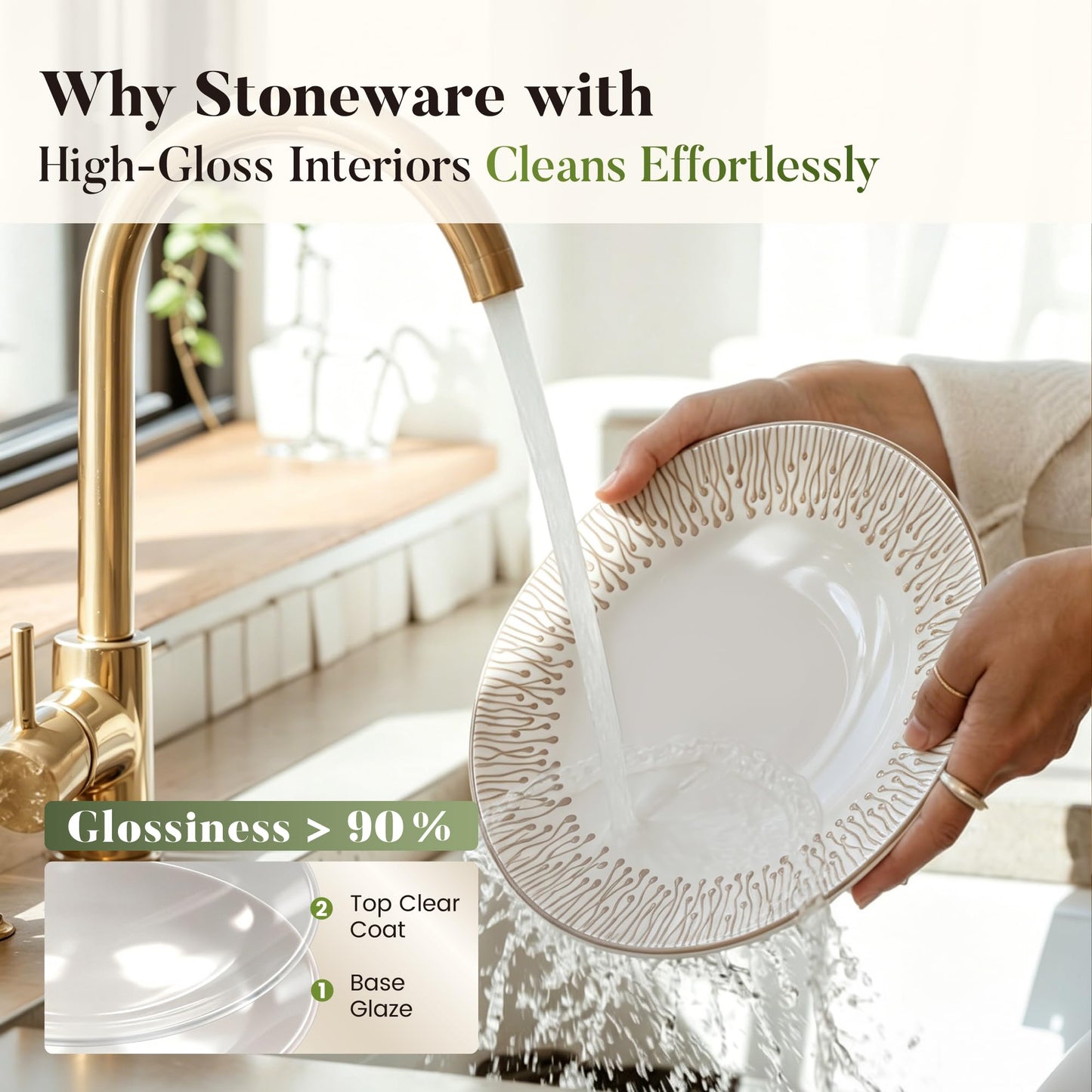 Kitchen Academy Stoneware Dinnerware Sets for 8, Embossed Ceramic Plates and Bowls Set, Beige Dishes