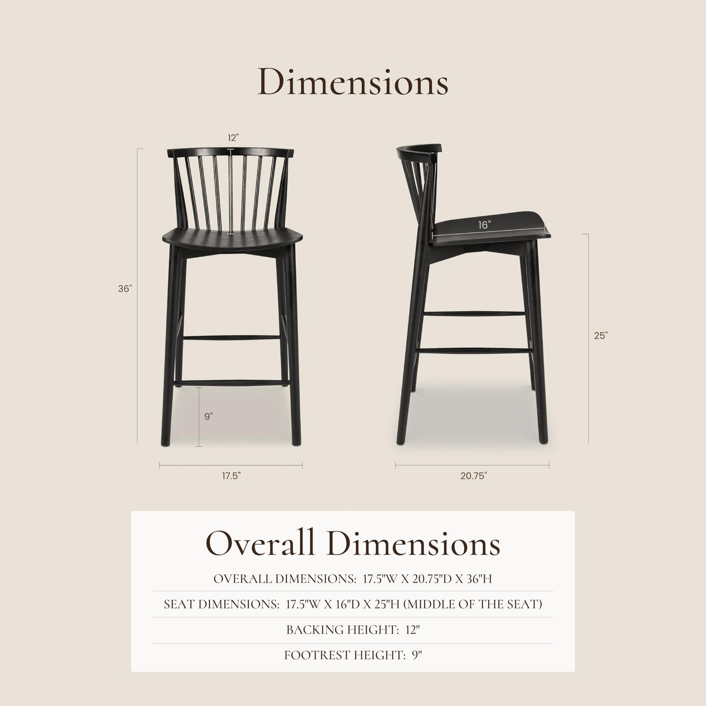Poly & BARK Ligna Counter Stool in Black – Mid-Century Inspired Stool with Sculpted Spindle Back – Solid American Oak Frame and Engineered Wood Veneered Seat – Fully Assembled and Ready to Use