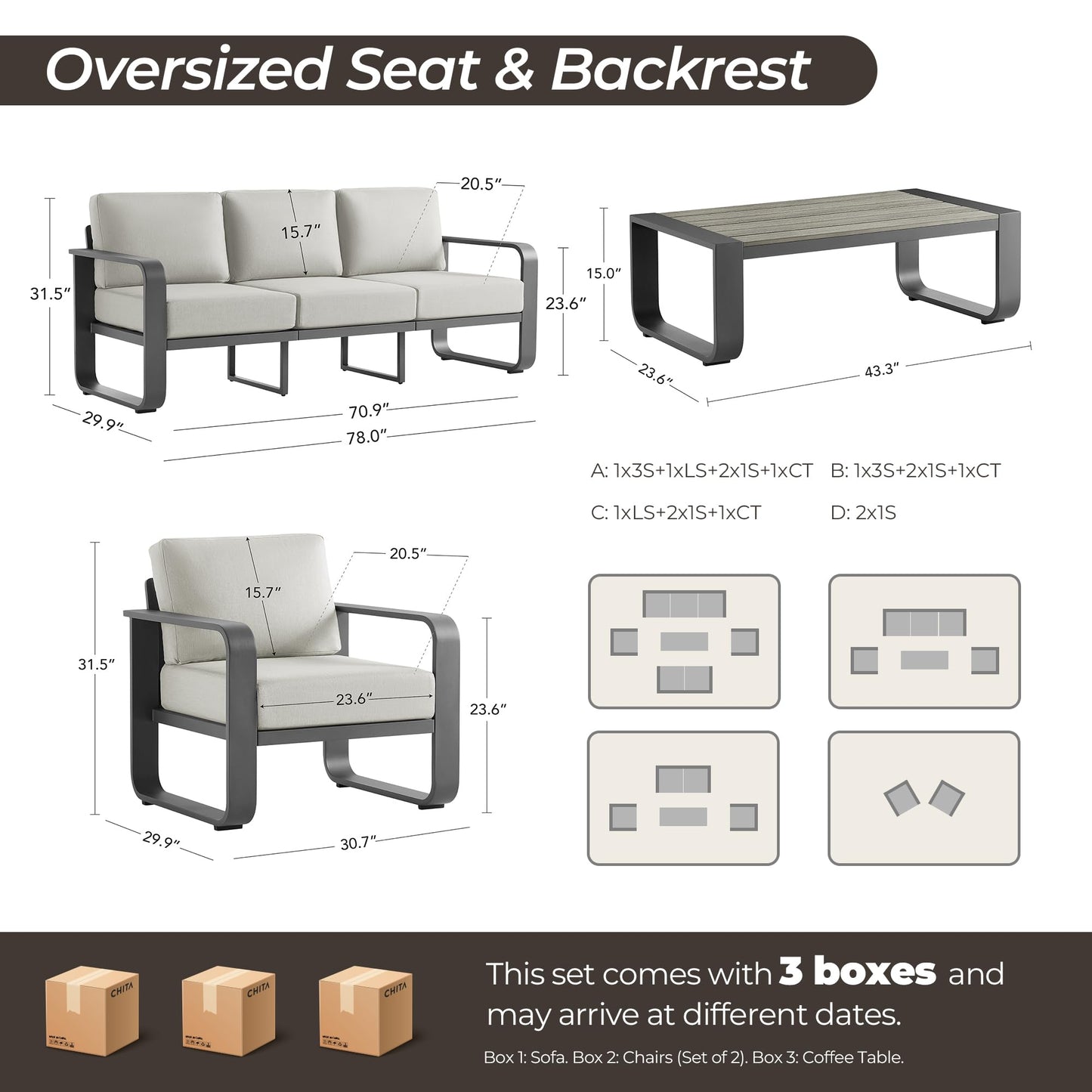 CHITA Outdoor Furniture Set 4 Piece, 5-Seats Patio Conversation Set with 6.3in Thick Cushions & 100% Aluminum Frame & Coffee Table, Modern Outdoor Patio Furniture Sofa Set for Poolside, Deck, Balcony