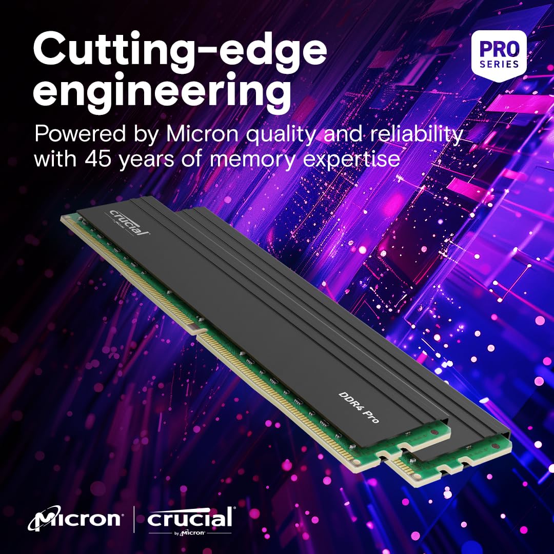 Crucial 32GB DDR4 RAM Kit (2x16GB), 3200MHz (PC4-25600) CL22 Desktop Memory, UDIMM 288-Pin, Downclockable to 2933/2666MHz, Compatible with Intel and AMD Ryzen - CT2K16G4DFRA32A