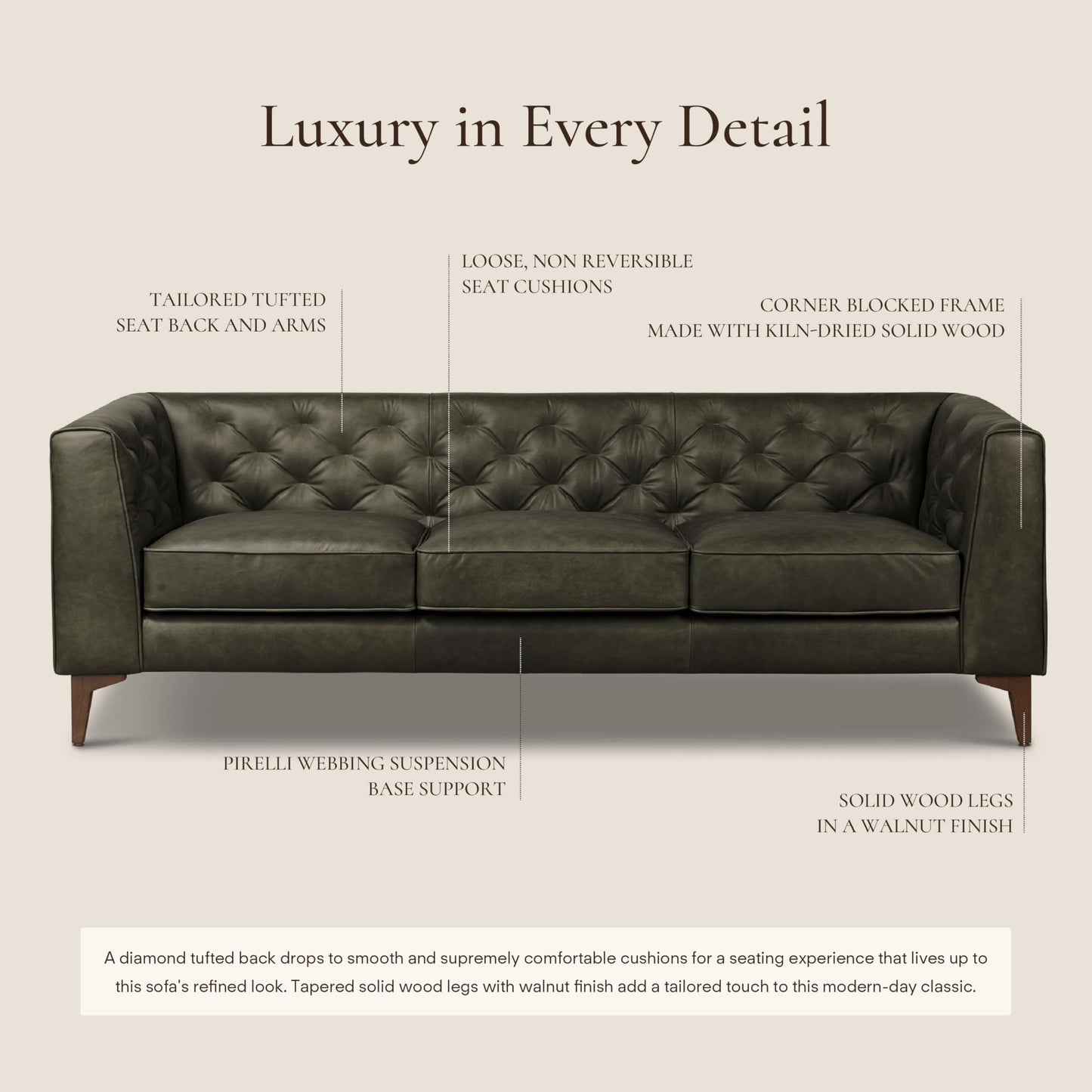 POLY & BARK Essex 89” Full-Grain Italian Leather Sofa – Tufted Back, Feather-Down Comfort, Solid Wood Frame, Cognac Tan