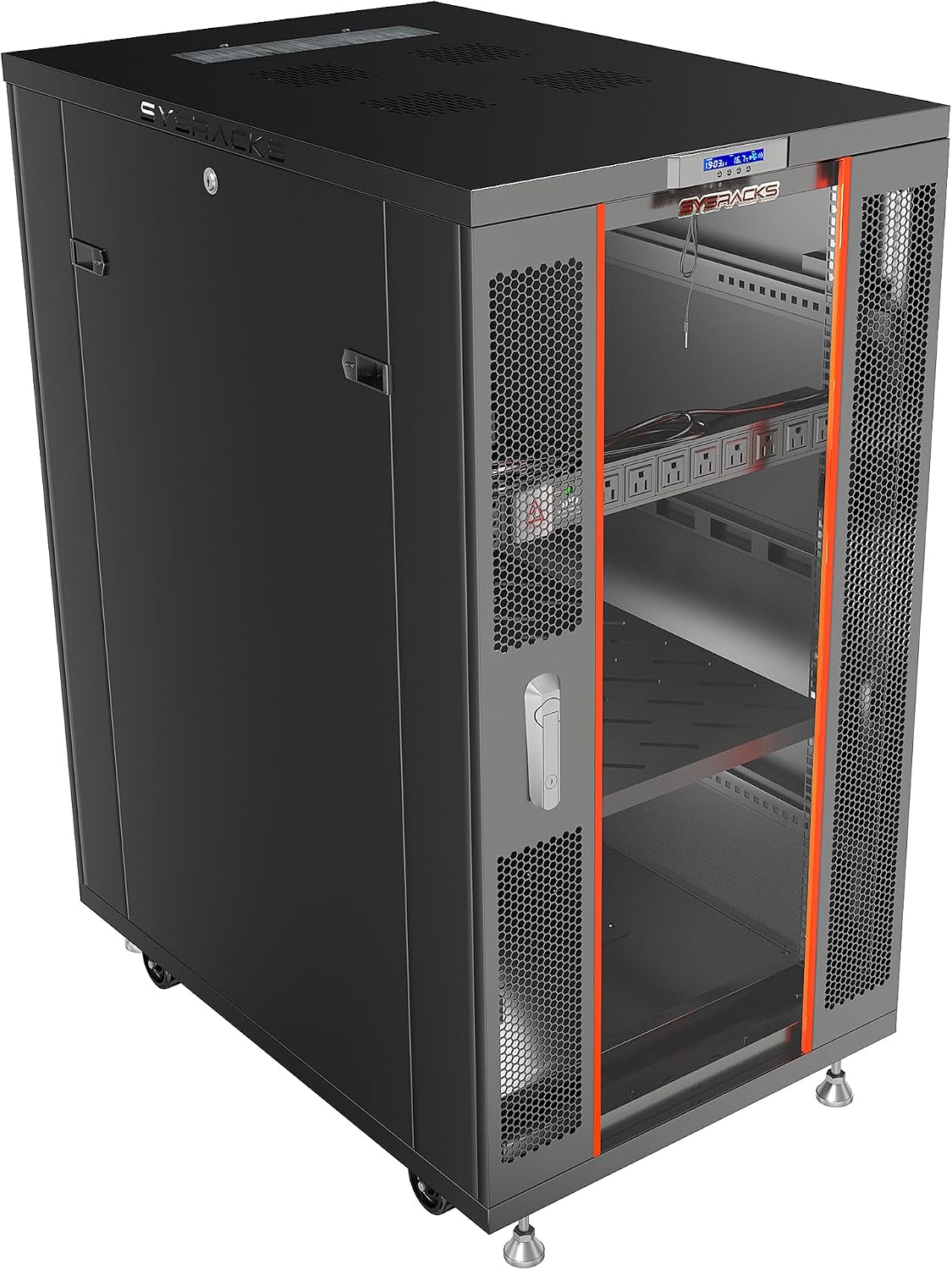 Sysracks 27U Server Rack Cabinet, 39" Deep, Glass Door, 19-Inch | Cooling fans, PDU, shelf, casters, leveling feet, cable entry brushes