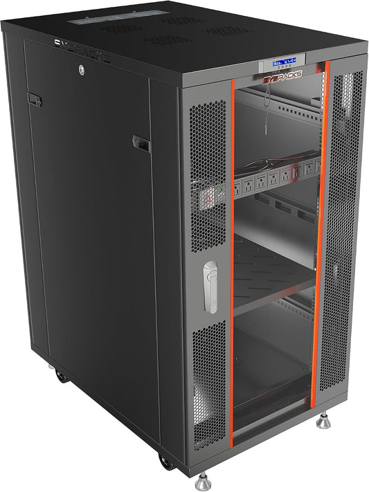 Sysracks 27U Server Rack Cabinet, 39" Deep, Glass Door, 19-Inch | Cooling fans, PDU, shelf, casters, leveling feet, cable entry brushes