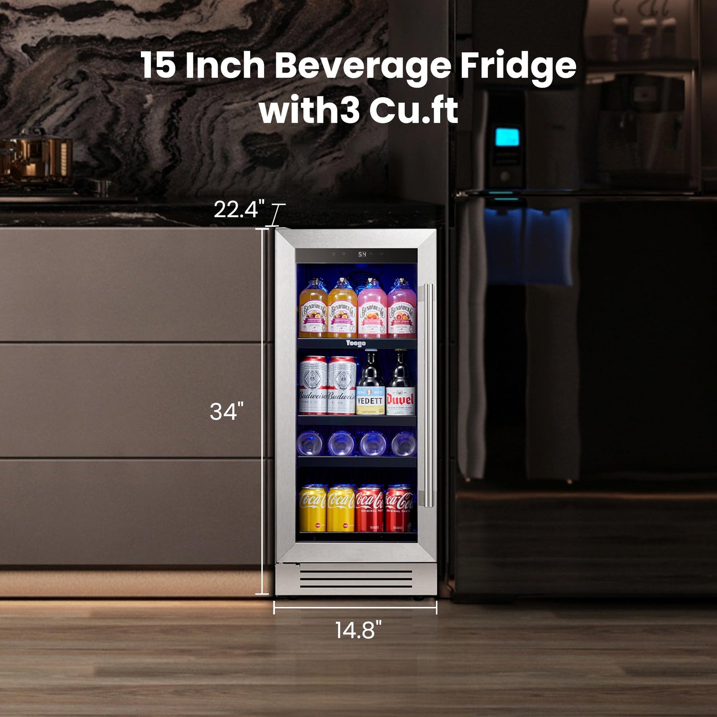 Yeego 24-Inch Beverage Refrigerator, Built-In or Freestanding Beverage Cooler, Up to 180 Cans, Glass Door Mini Fridge for Soda, Beer, Water & Wine (Left-Hinged)