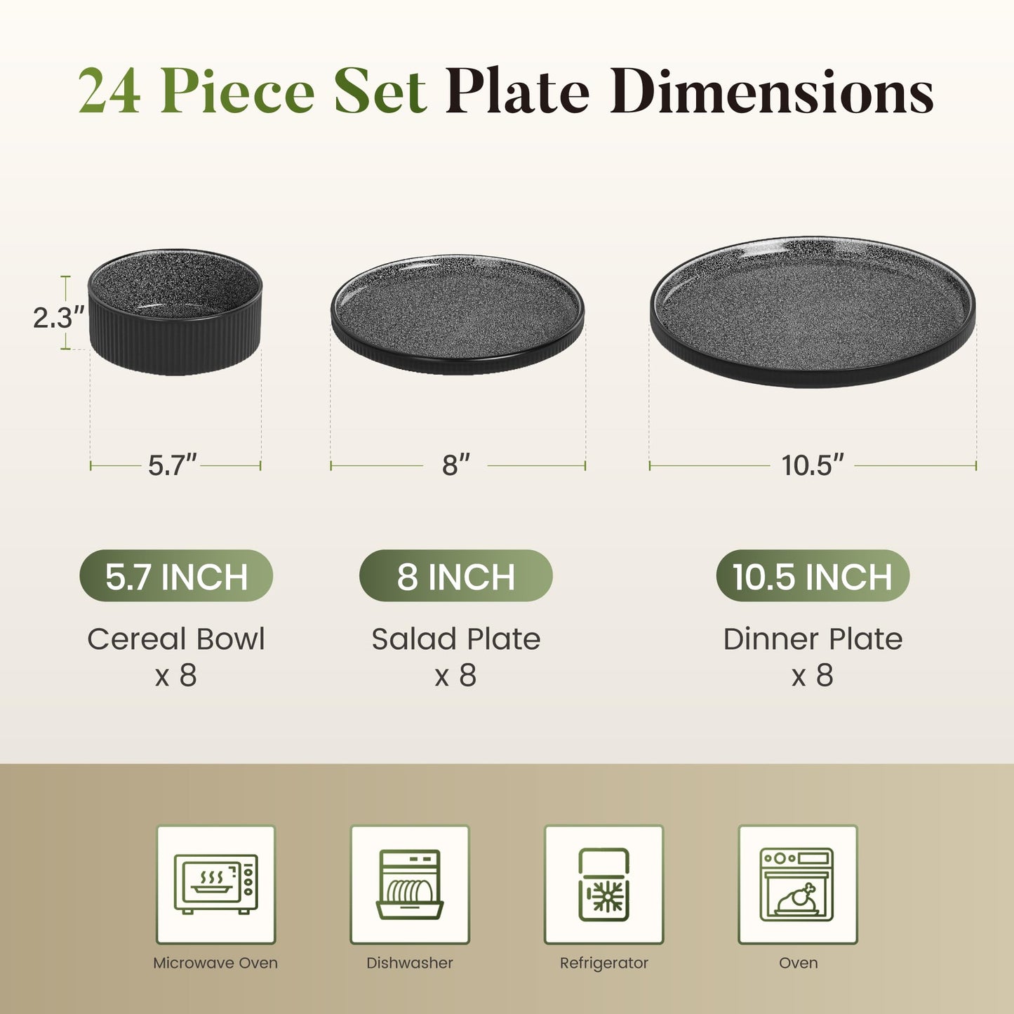 Kitchen Academy Brown Stoneawre Dinnerware Sets for 8, 24Pcs Ceramic Non Toxic Plates and Bowls Sets, Scratch Resistant Dishes, Oven & Microwave Safe
