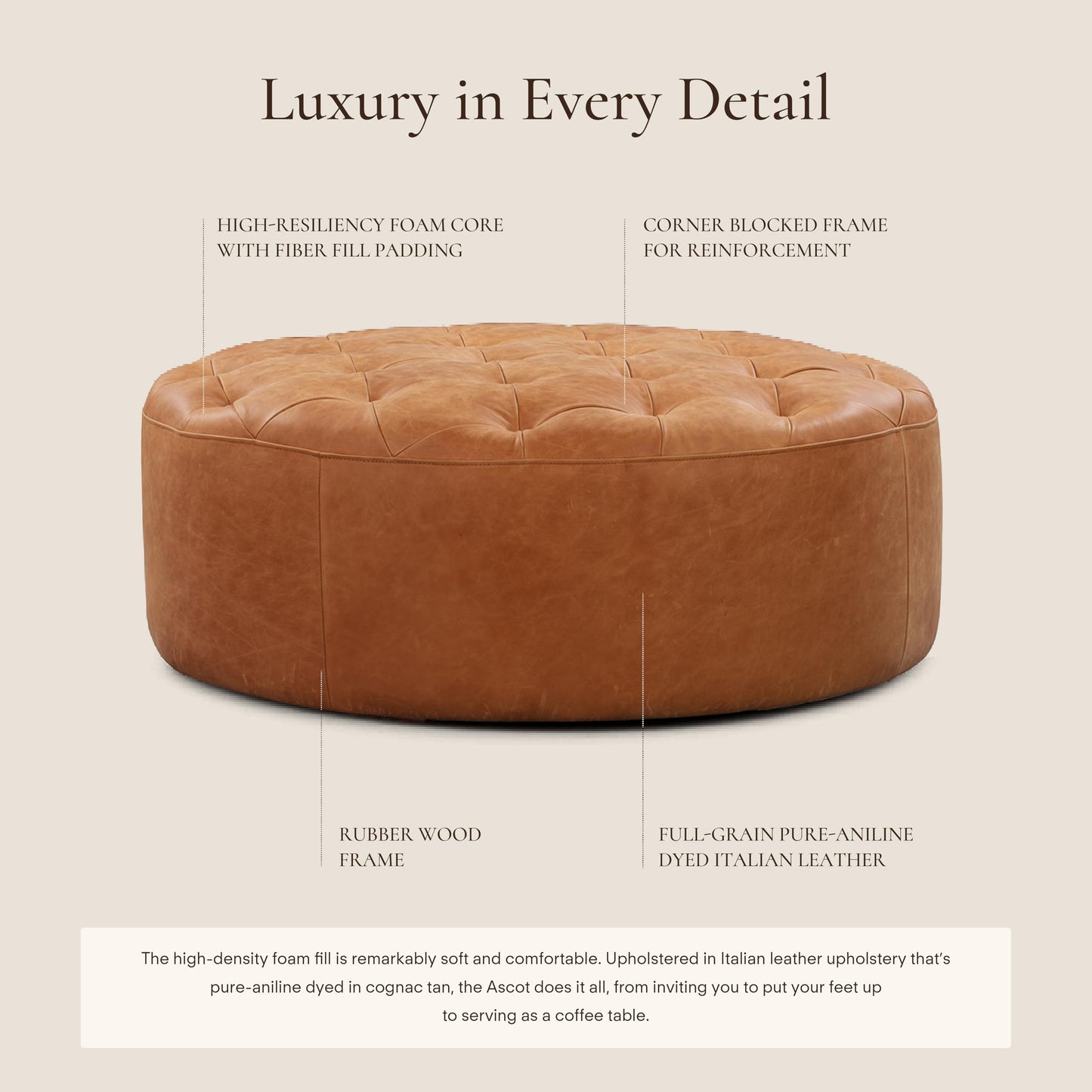 POLY & BARK Denver Ottoman – 43" Large Pouf with Feather-Down Topper – Full-Grain Leather Upholstered Pouf Ottoman for Living Room – Vintage Italian Leather in Cognac Tan