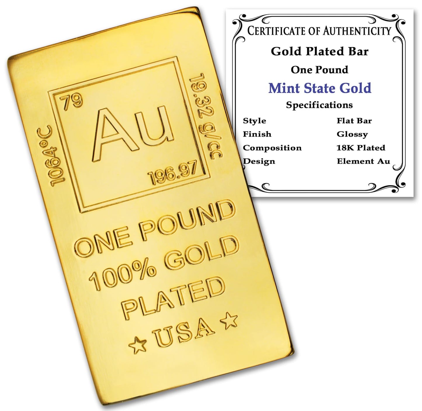 1 Pound Copper Bar Ingot Paperweight - 999 Pure Chemistry Element Design with Certificate of Authenticity by Mint State Gold