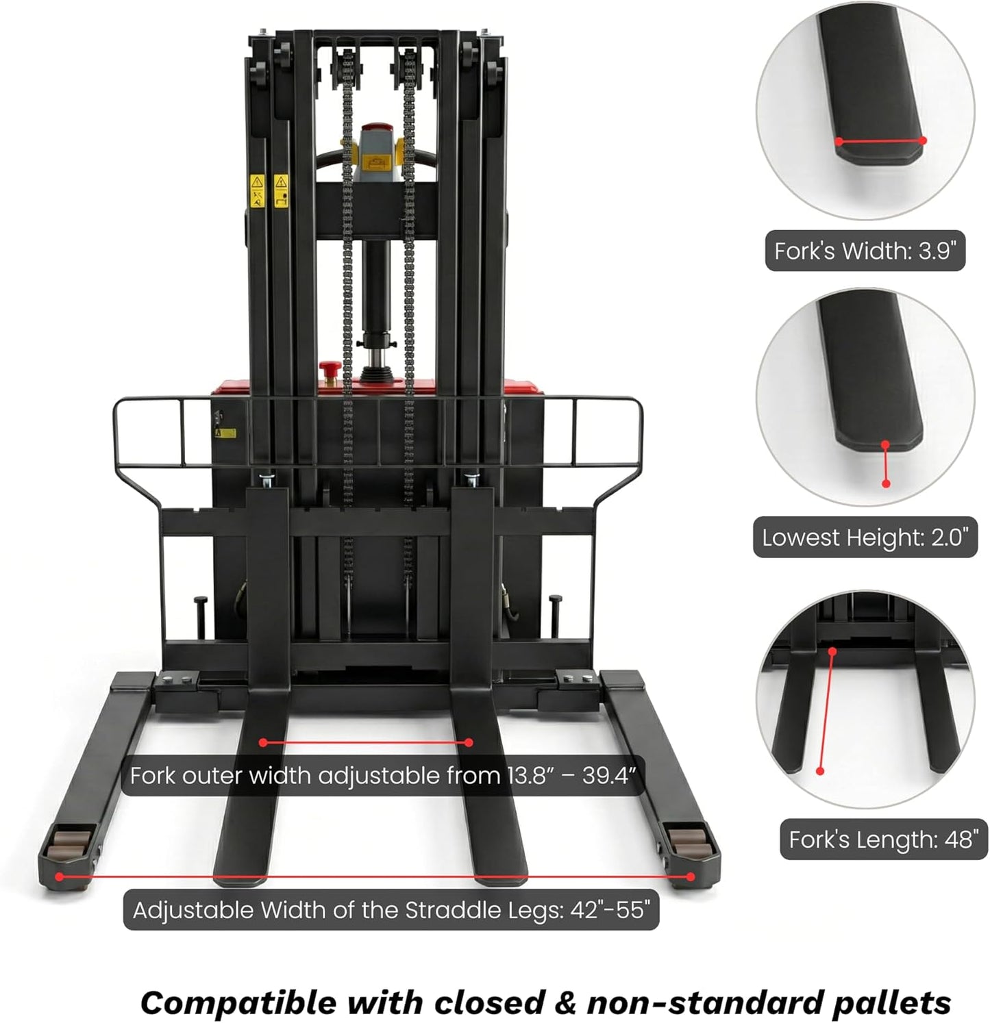 SUNMAX PS3300FEAS-3M Fully Electric Pallet Stacker, 3300 lb Capacity, 118" Lift Height, Walk-Behind Warehouse Stacker with Adjustable Straddle Legs