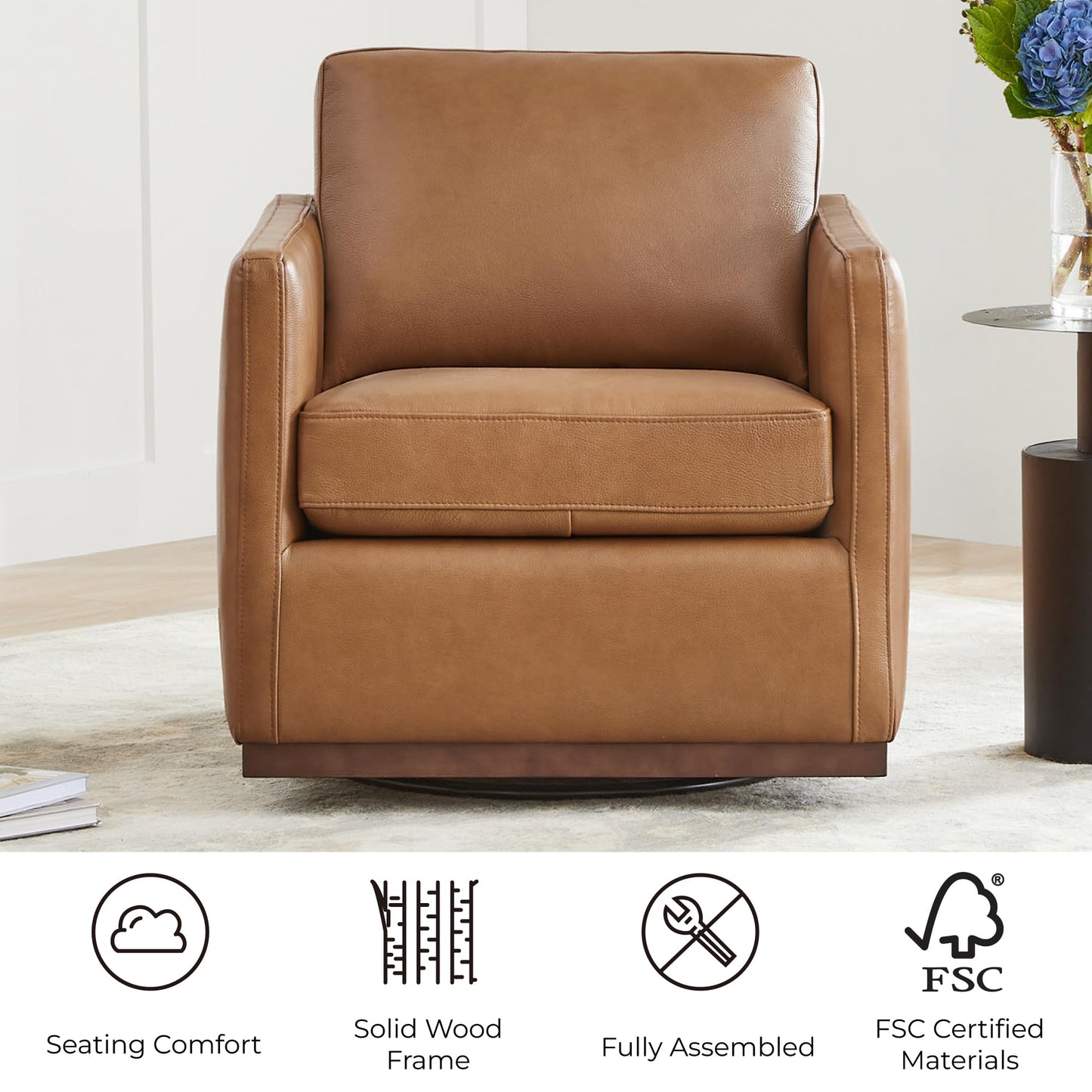 CHITA Genuine Leather Swivel Accent Chair, FSC Certified Mid Century Modern Arm Chair for Living Room and Bedroom, Fully Assembled, Saddle