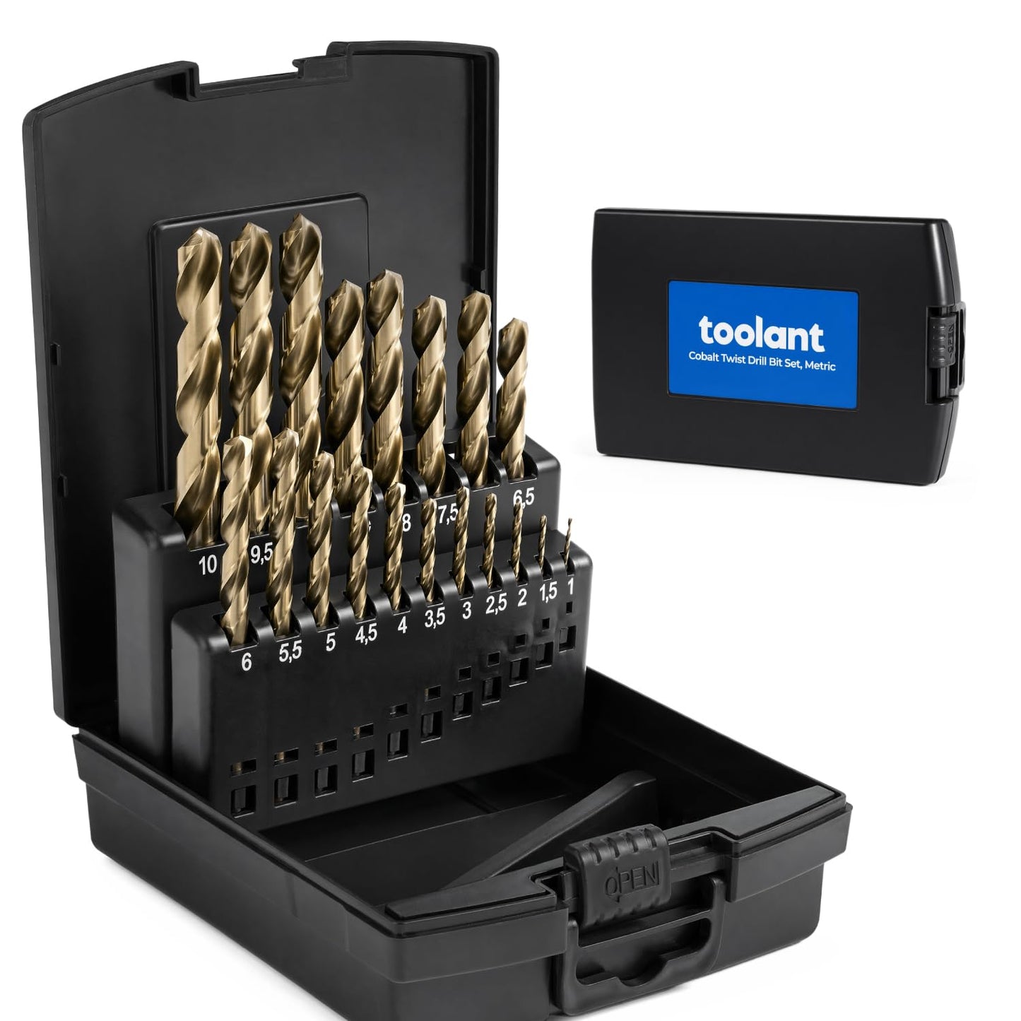 toolant Metric 19Pcs M35 Cobalt Drill Bit Set for Hardened Metal, Stainless Steel, Plastics, Wood, HSS Titanium Twist Jobber Metal Drill Bits Bulk 1mm-10mm, with Plastic Index Storage Case