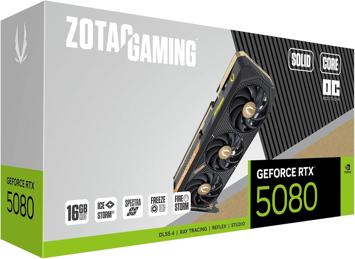 ZOTAC Gaming GeForce RTX 5080 Solid CORE OC DLSS 4 16GB GDDR7 256-bit 30 Gbps PCIE 5.0 Gaming Graphics Card, IceStorm 3.0 Advanced Cooling, Spectra RGB Lighting, ZT-B50800J2-10A