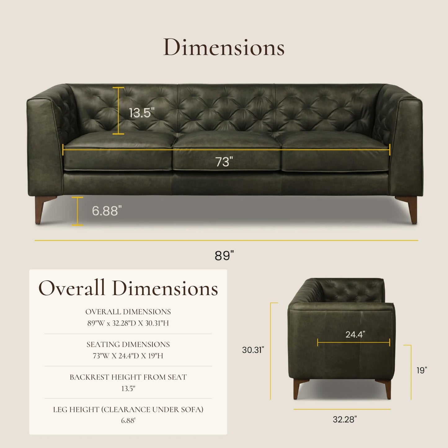 POLY & BARK Essex 89” Full-Grain Italian Leather Sofa – Tufted Back, Feather-Down Comfort, Solid Wood Frame, Cognac Tan
