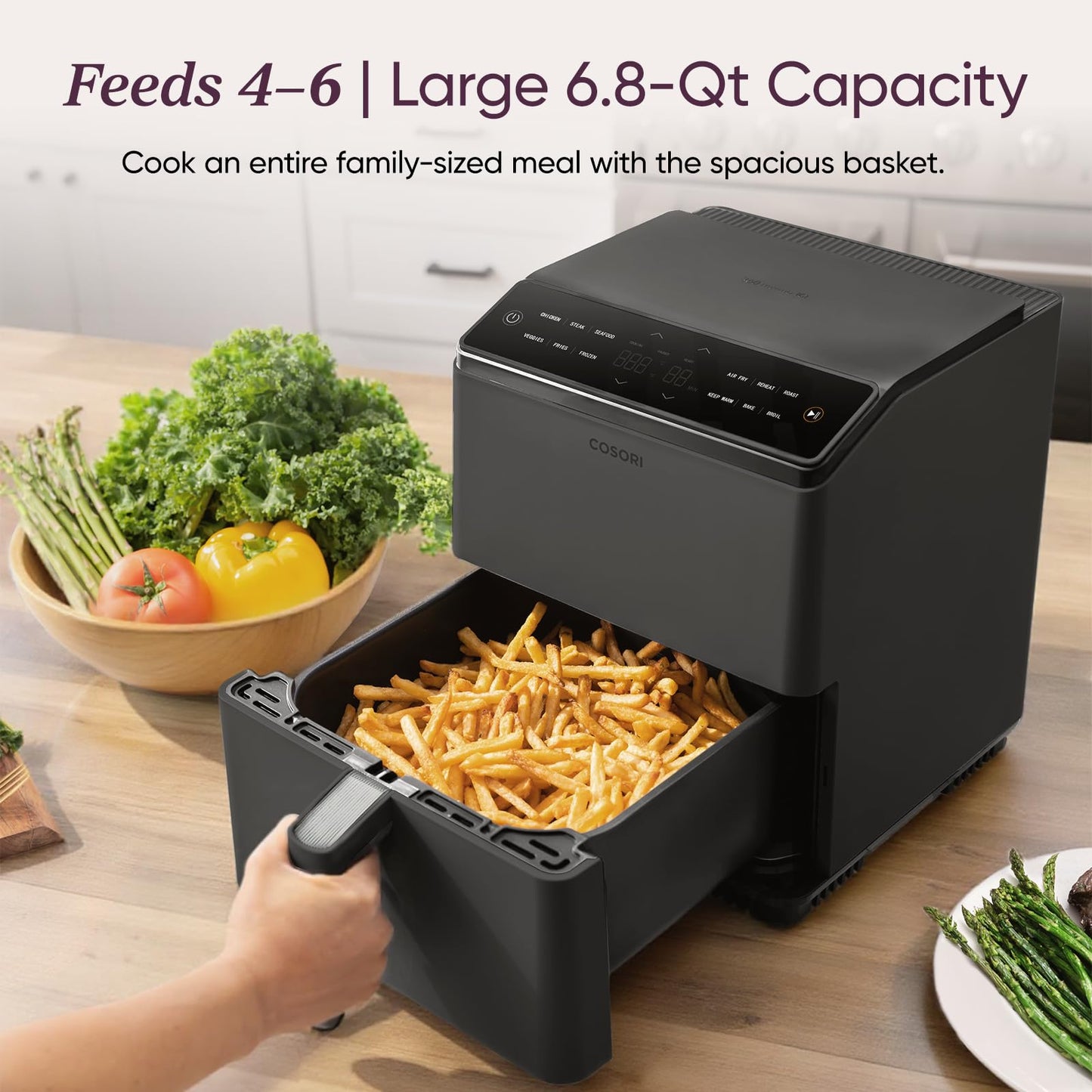 Cosori 9-in-1 TurboBlaze Air Fryer 6 Qt, PFAS-Free Ceramic Coating, 90°–450°F, Precise Heating for Even Results, Air Fry, Roast, Bake, Broil, Dry, Frozen, Proof, Reheat, Keep Warm, 120V, Dark Gray