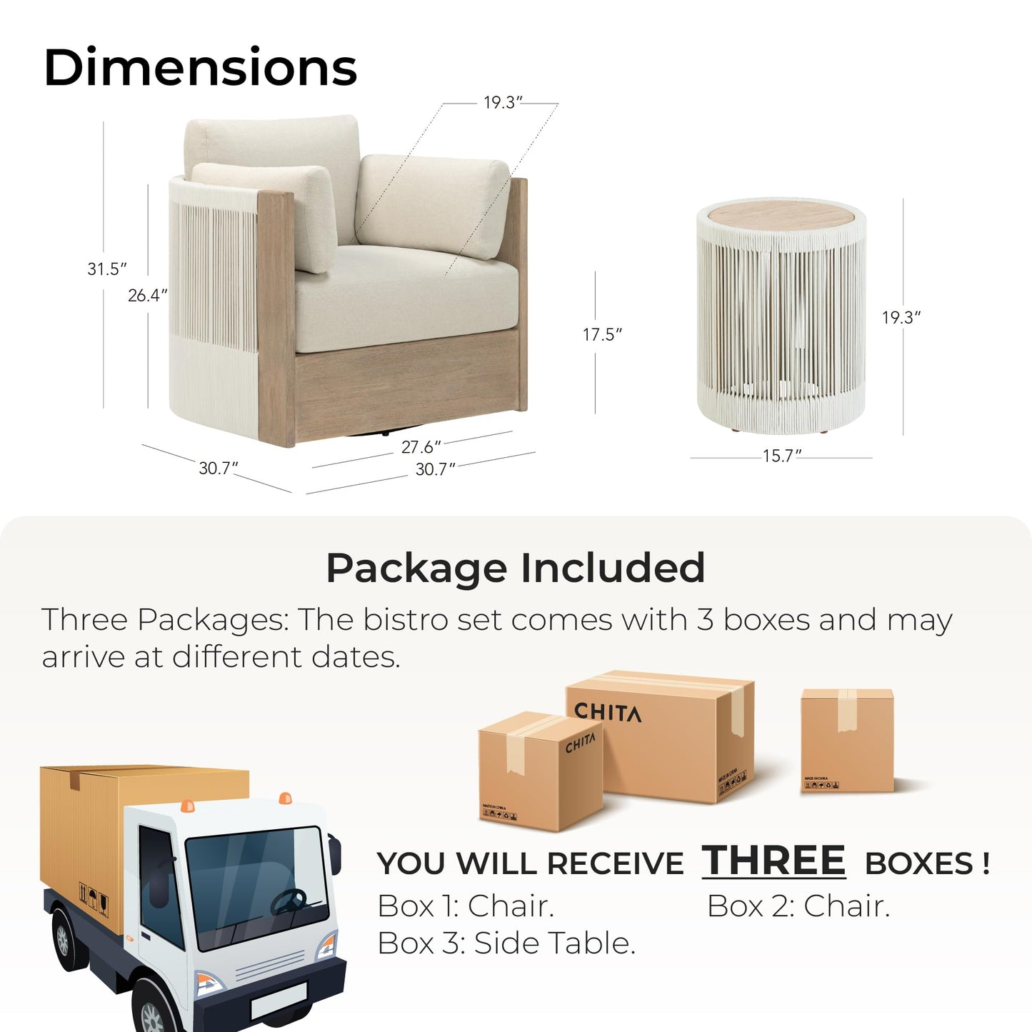 CHITA 3 Pieces Boho Patio Rattan Bistro Set, Outdoor Wicker Furniture Swivel Chairs & Side Table Set with 2 Arm Pillows, Acacia Wood Frame, Fully Assembled(Cream)