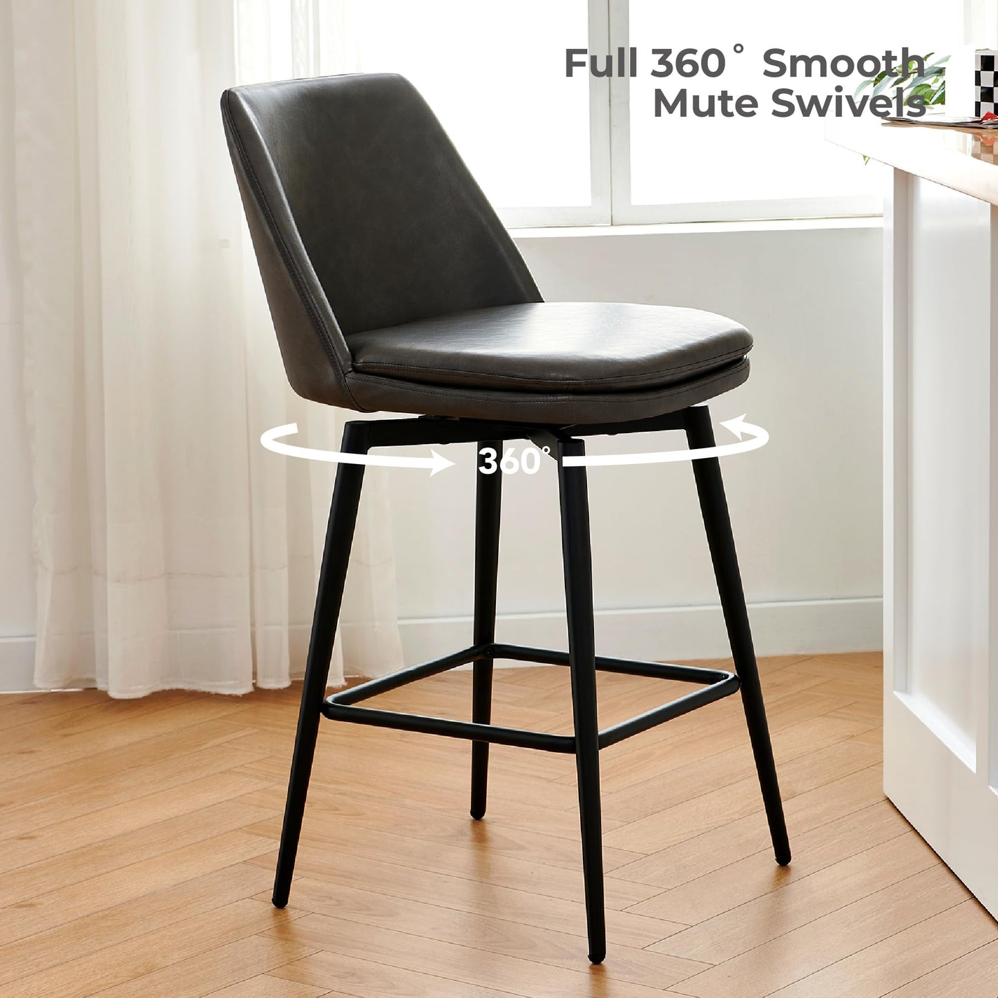 CHITA Swivel Bar Stools, 27.2" Counter Height Bar Stools Set of 3, FSC Certified Upholstered Modern Counter Stools, Metal Legs, Faux Leather, Saddle Brown