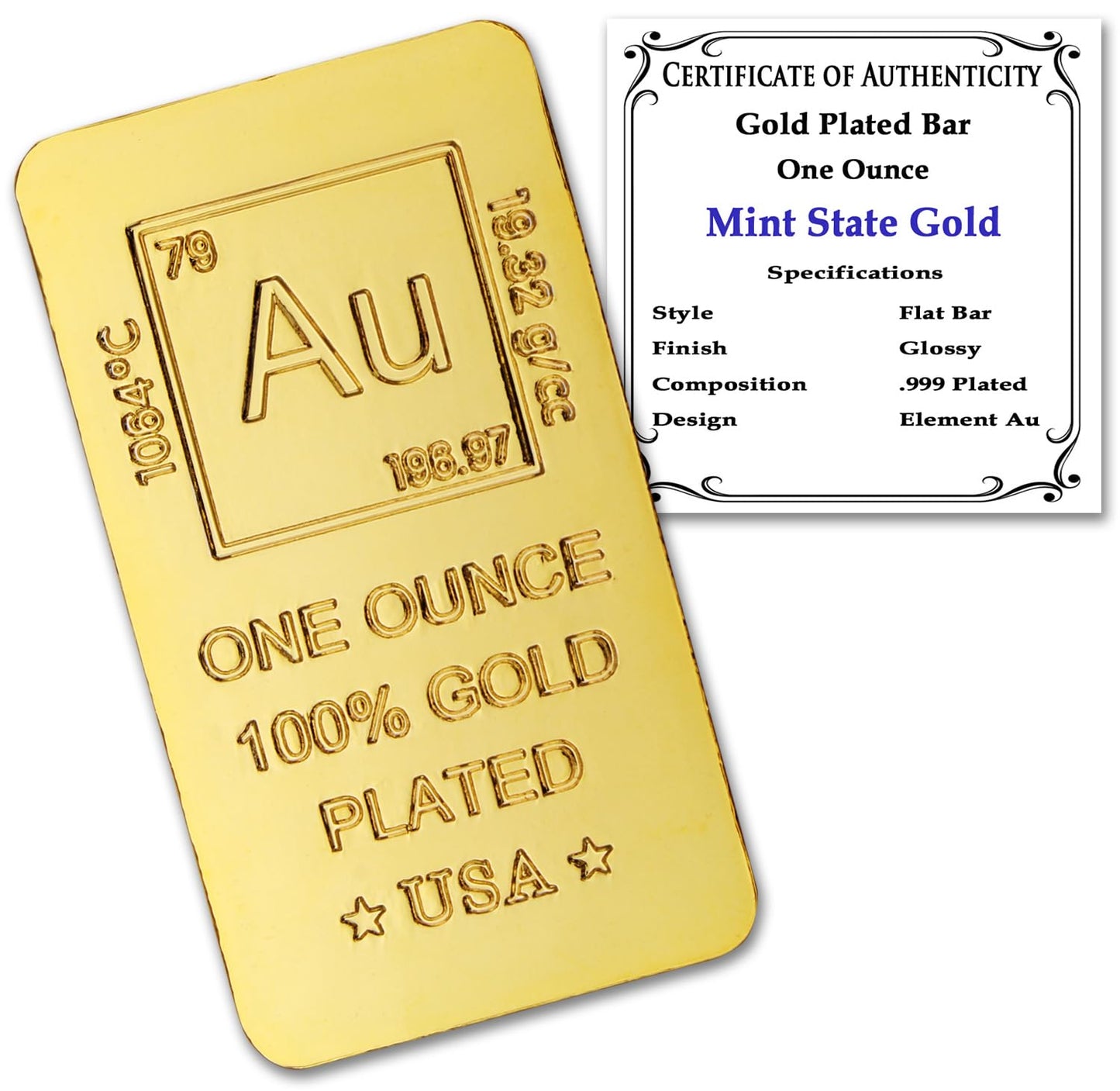 1 oz Silver Plated Bar (Flat Style) .999 Pure Paperweight - Element Design with Certificate of Authenticity