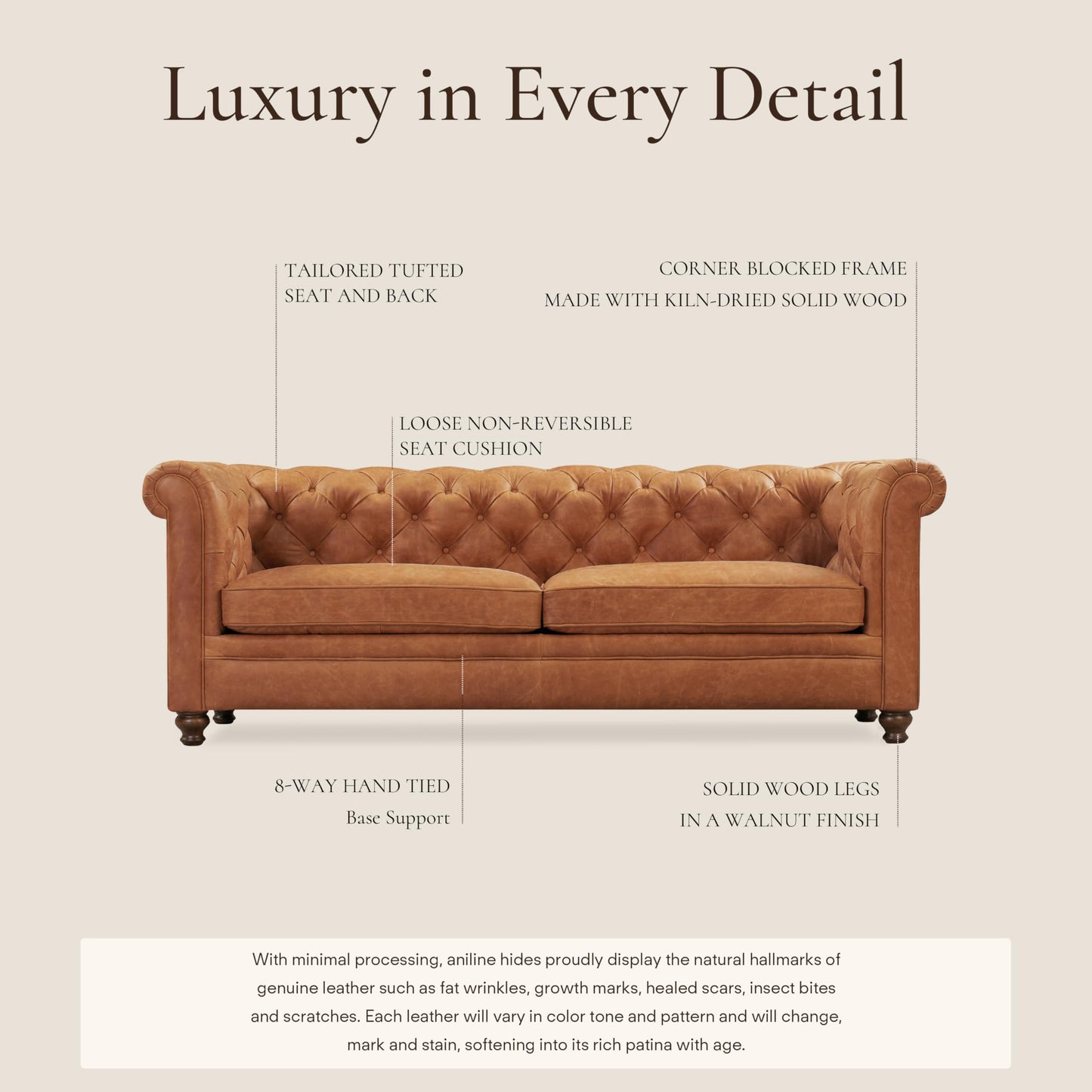 POLY & BARK Sorrento 86" Sofa – Cognac Tan Full-Grain Pure-Aniline Italian Leather, Feather-Down Cushions, Solid Wood Frame & Walnut Legs