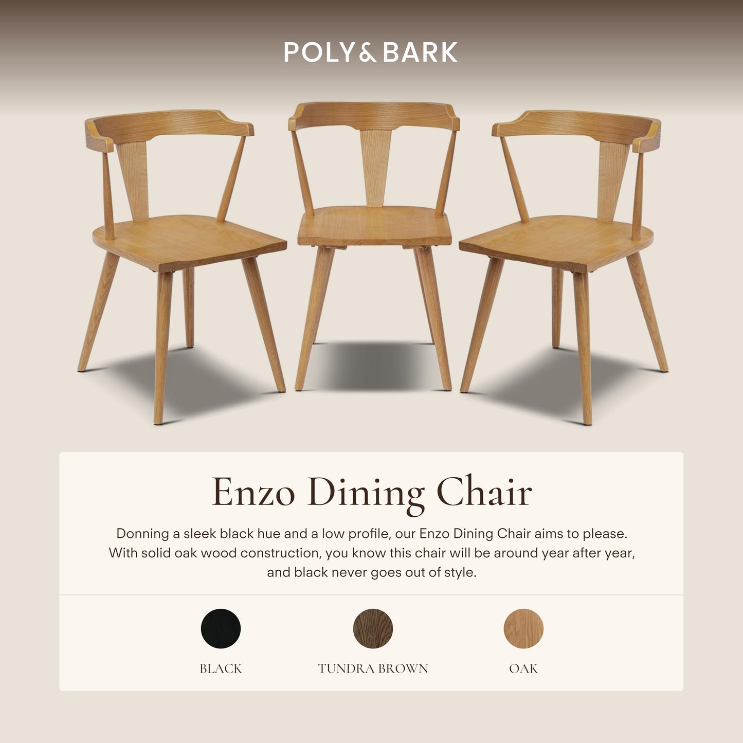 POLY & BARK Mid Century Modern Enzo Black Dining Chair – Solid Oak Wood Splat Back Chair, 18" Seat Height, 32" Tall – Stylish MCM Kitchen & Dining Room Chair