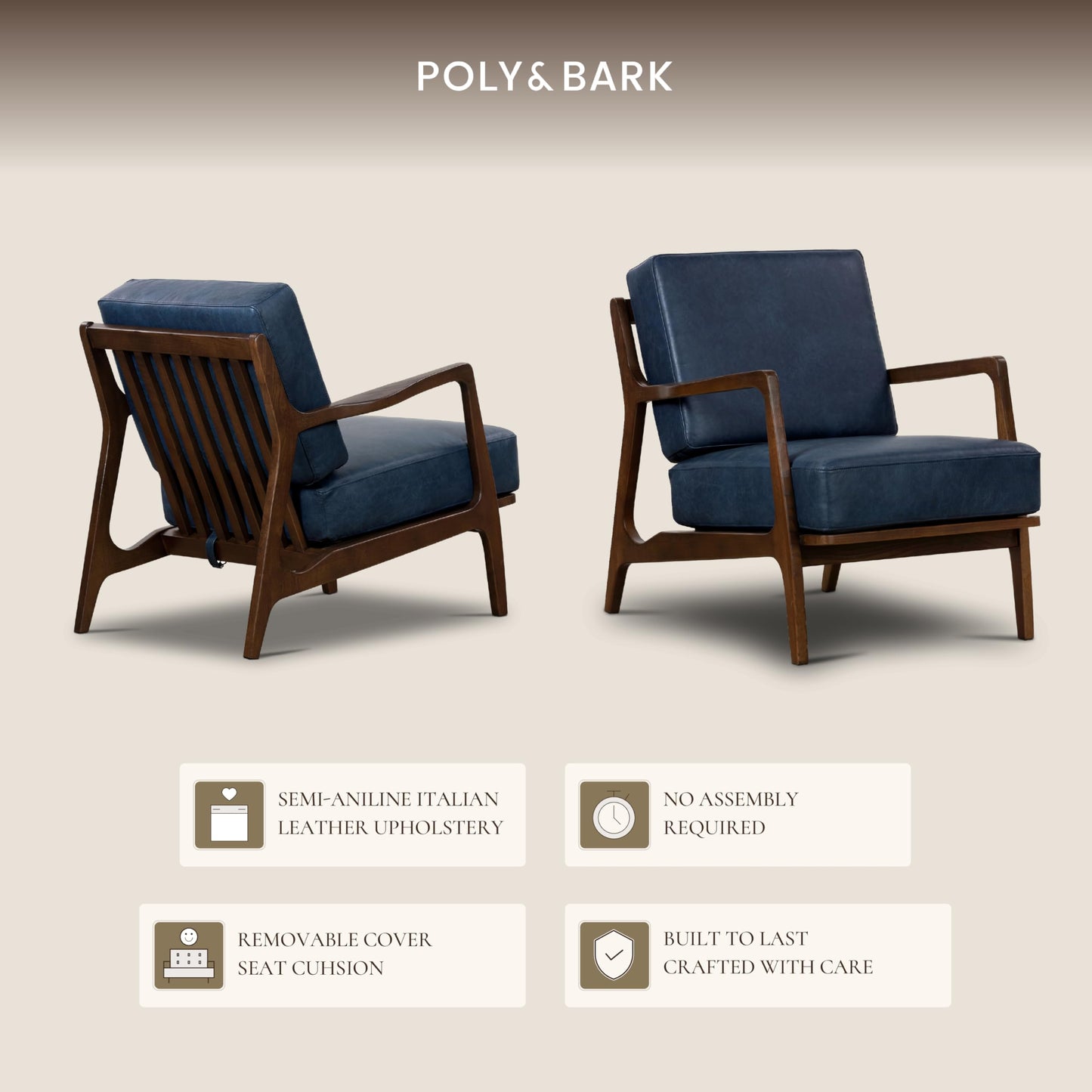 Poly & BARK Verity Leather Accent Chair – Armchair with Walnut Wood Frame – Fashion-Forward Lounge Seating for Living Room – Upholstered in Cognac Tan Leather for Modern Style