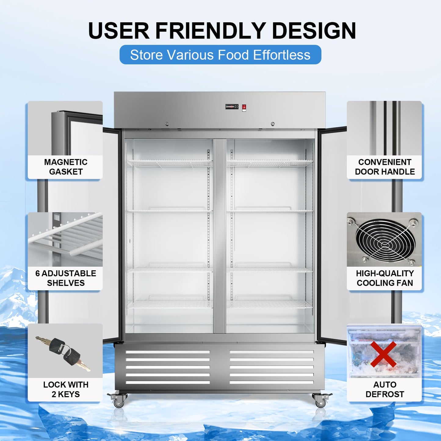 48" W 4 Door Commercial Refrigerator, 36 Cu.ft Stainless Steel Industrial Fridge (32℉~47℉) with 8 Adjustable Shelves, Lockable Door, Wheels, Auto-Defrost for Restaurant, Kitchen, Shop
