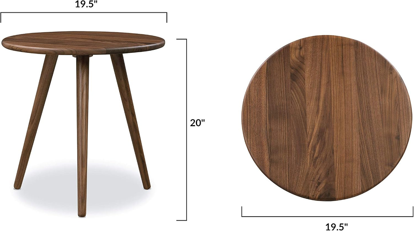 Poly & BARK Douro Side Table in Walnut – 20" Round Accent Table – Solid American Black Walnut Wood – Mid-Century Modern Design with Sculpted Tapered Legs