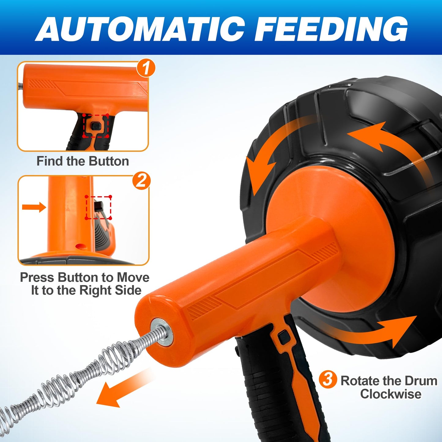 Drain Auger 33Ft, Auto-Feed Drain Clog Remover Plumbing Snake Drain Tools | Drill Adapter for Quickly Unclogging, Long Flexible Drain Snake for Deep Pipe Clogs, Bathroom Shower, Bathtub, Kitchen Sink