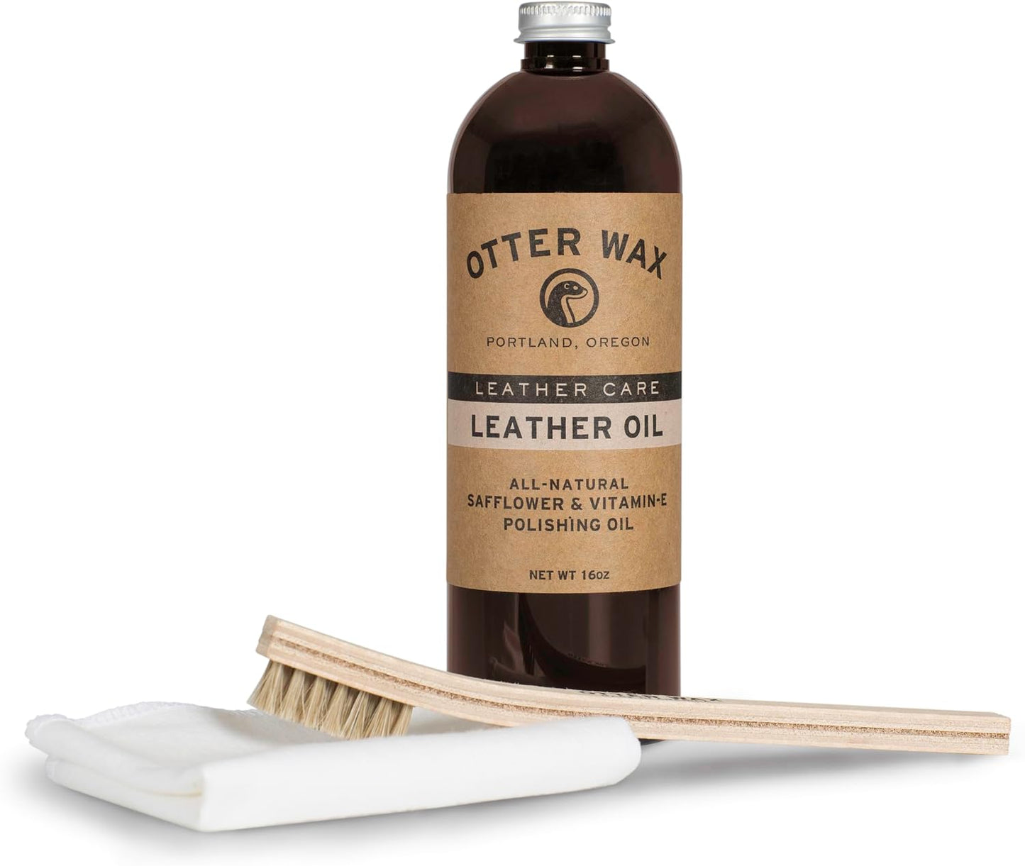 POLY & BARK 3-Piece Leather Care Kit – Otter Wax Leather Oil (16oz), Flannel Buffing Cloth & Horsehair Brush – All-Natural Leather Conditioner & Polish for Sofas, Chairs, Boots, and Bags