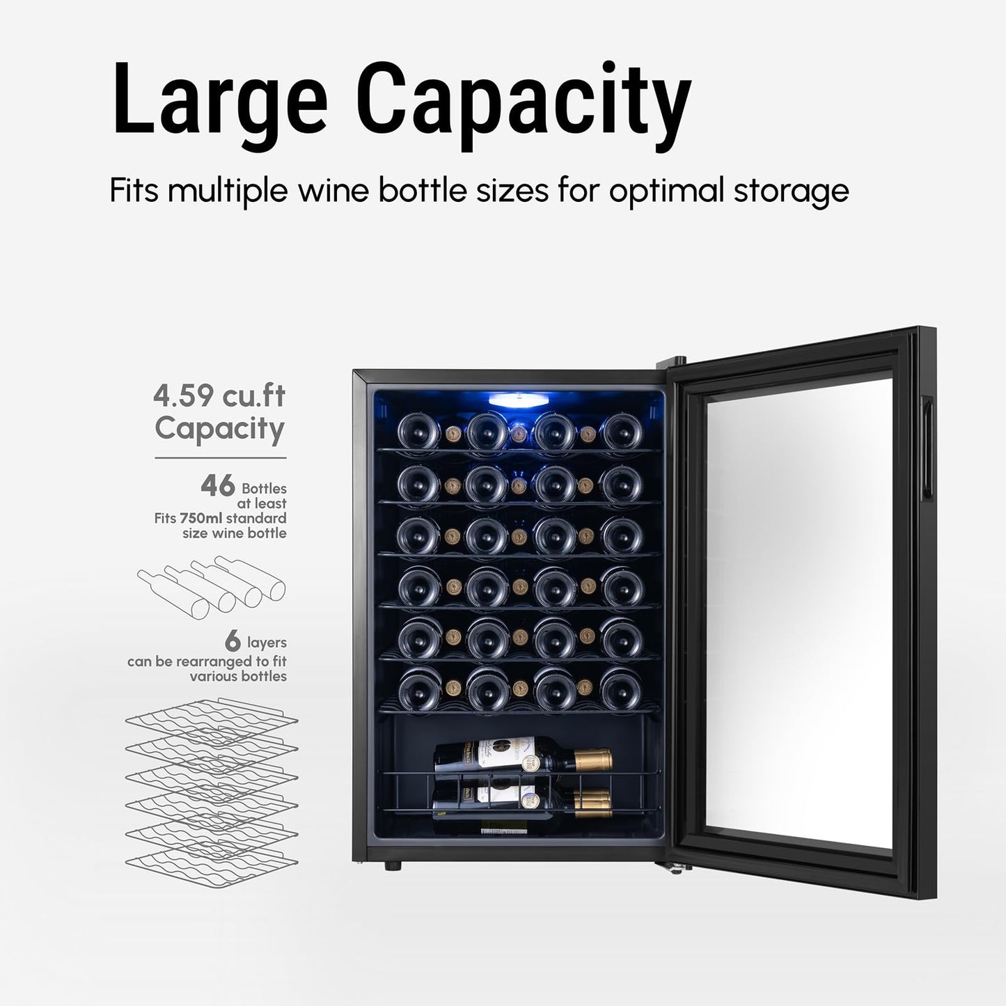 Yeego 34 Bottle Wine Fridge, Freestanding Compressor Wine Cooler Refrigerator, Wine Cellar with 38-65℉ Digital Temperature Control & Double-layer Glass Door for Red and White, Champagne, Black