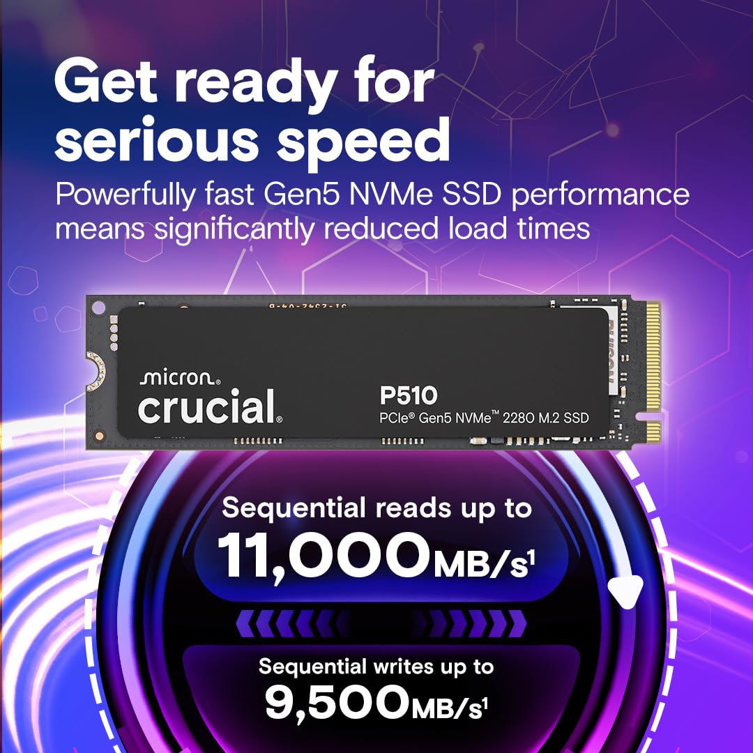 Crucial P510 PCIe Gen5 NVMe 2TB SSD with Heatsink, Up to 10,000MB/s, TLC NAND, Laptop & Desktop (PC) Compatible, for Gamers & Creatives, Solid State Drive – CT2000P510SSD5-01
