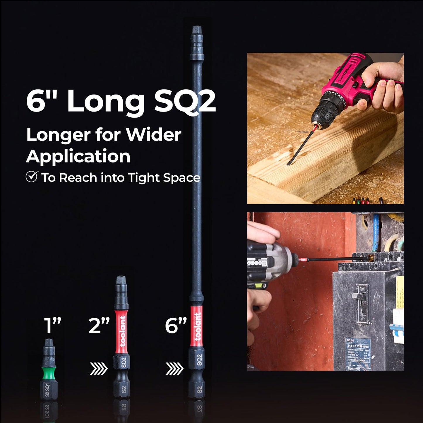 toolant Square Drive Bit Set, Square Impact Driver bits S2 Steel, Robertson Driver Bits Magnetic CNC Tips, Square 2 Impact Bit 1/4" Hex-Shank with Storage Box, 10pcs SQ2 2" Long