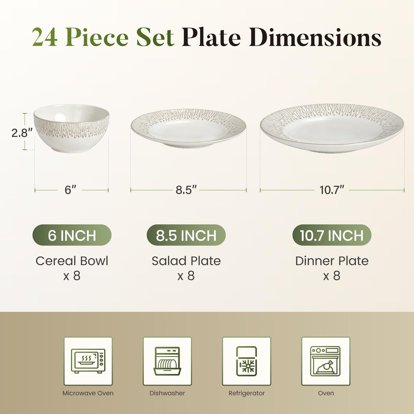 Kitchen Academy Stoneware Dinnerware Sets for 8, Embossed Ceramic Plates and Bowls Set, Beige Dishes