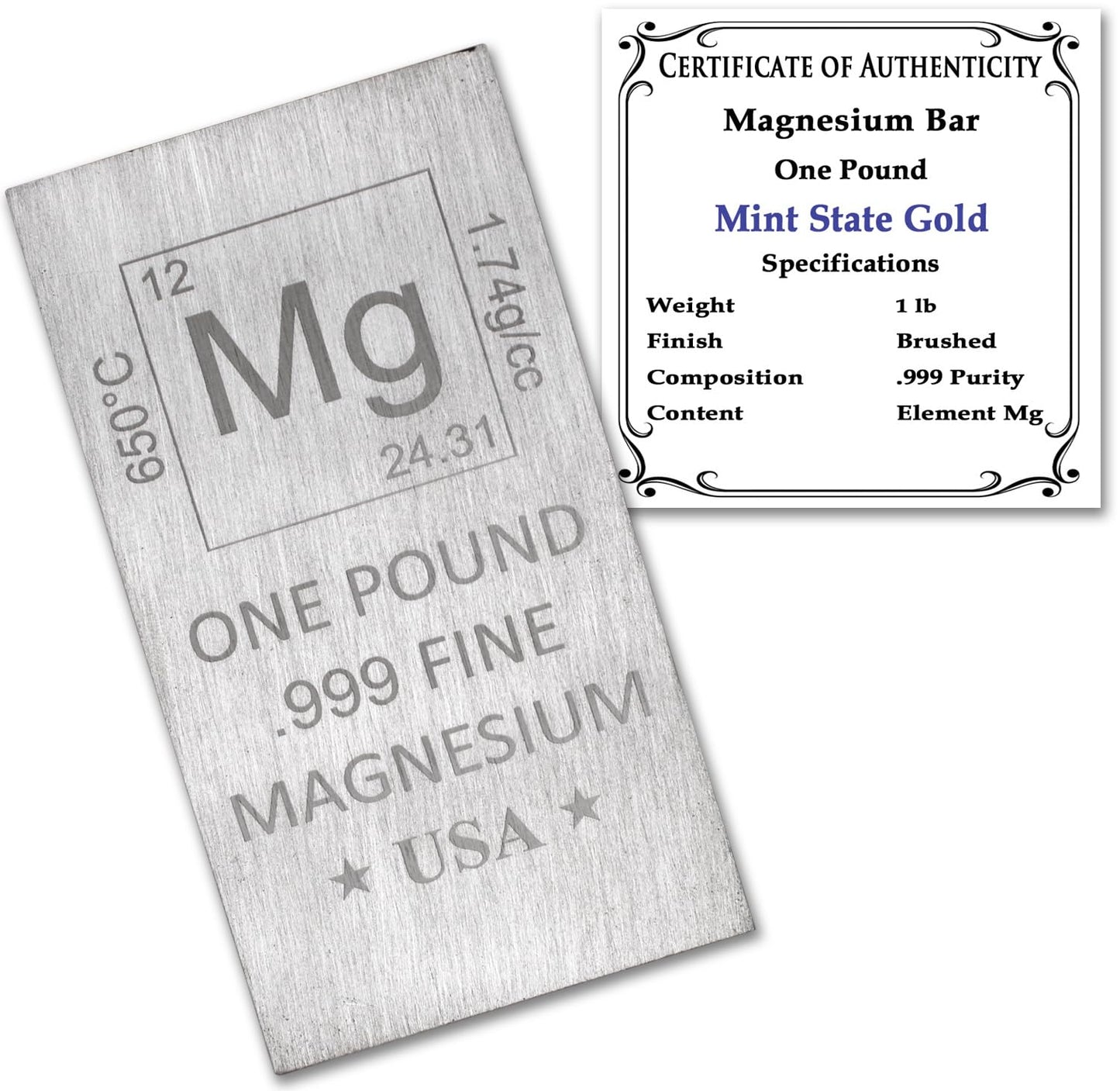 1 Pound Copper Bar Ingot Paperweight - 999 Pure Chemistry Element Design with Certificate of Authenticity by Mint State Gold