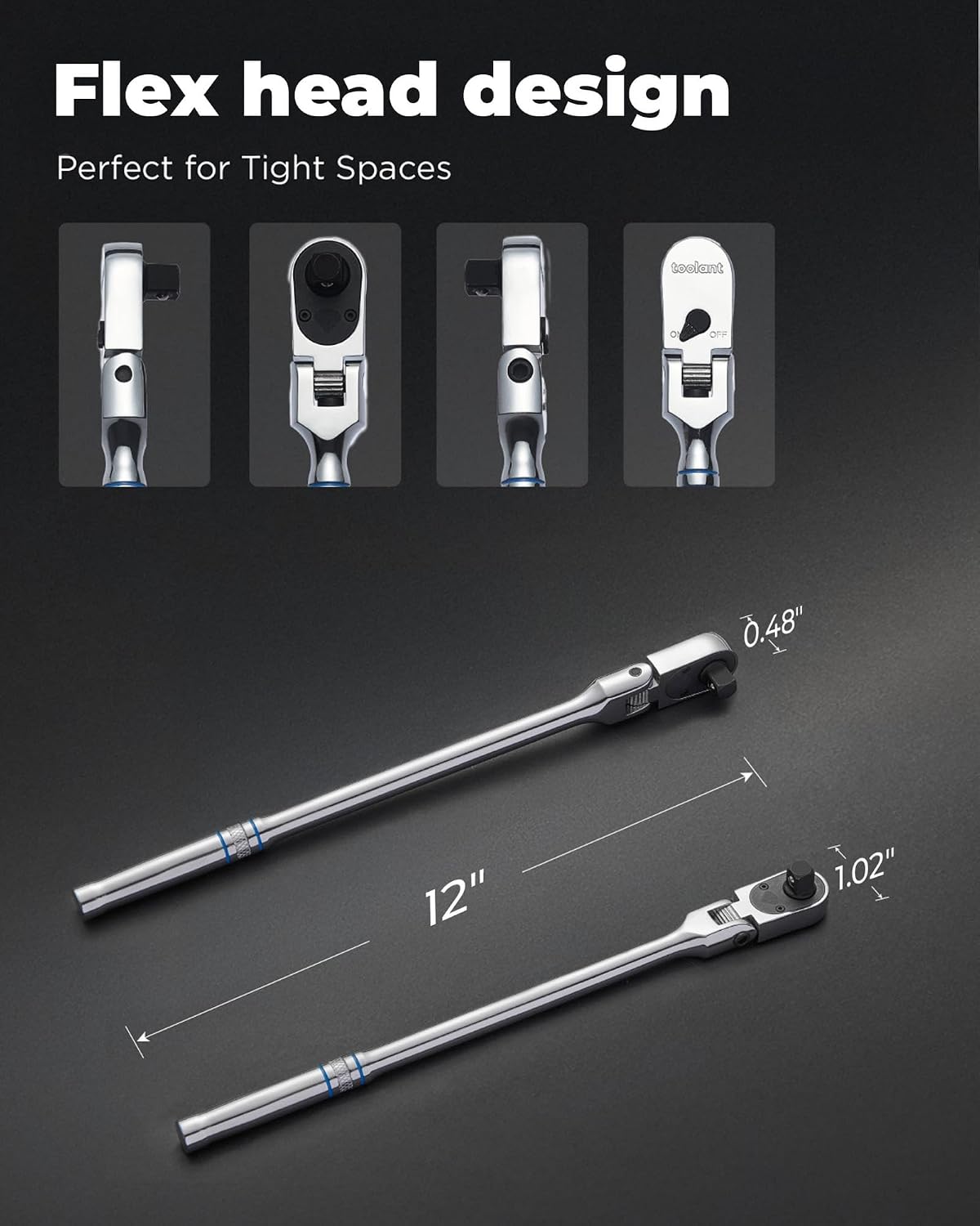 toolant 3/8" Drive Flex Head Ratchet Wrenches, 90 Tooth Compact Flex Head Socket Ratchet Wrench, 12 Inch Length