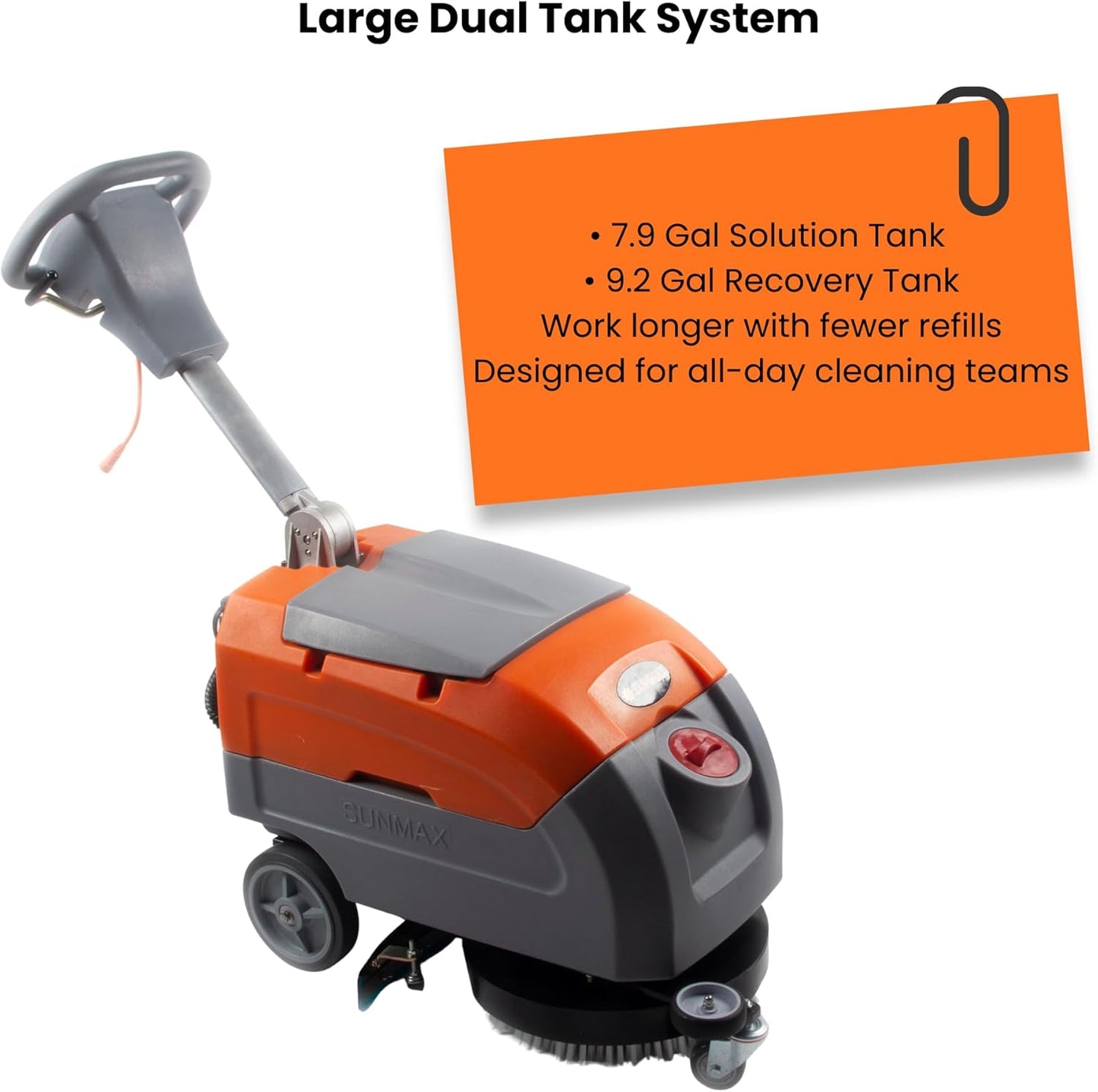 Sunmax RT35AC 17" Electric Walk-Behind Floor Scrubber, 7.9/9.2-Gal Dual Tank System, Orange/Gray, 26ft 110V Corded Commercial Floor Cleaning Machine