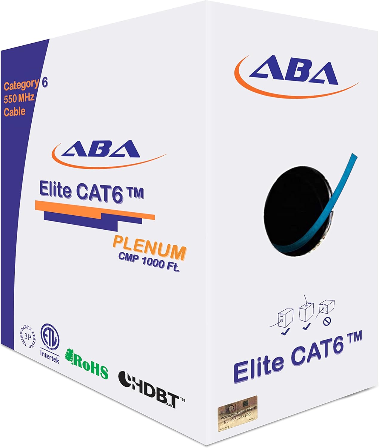 Infinity Cable Cat6 Plenum 550MHz CMP 23AWG UTP, 1000 Feet, Solid, 100% Pure Copper, UL Certified, Easy to Pull (Reelex II) Box, Blue