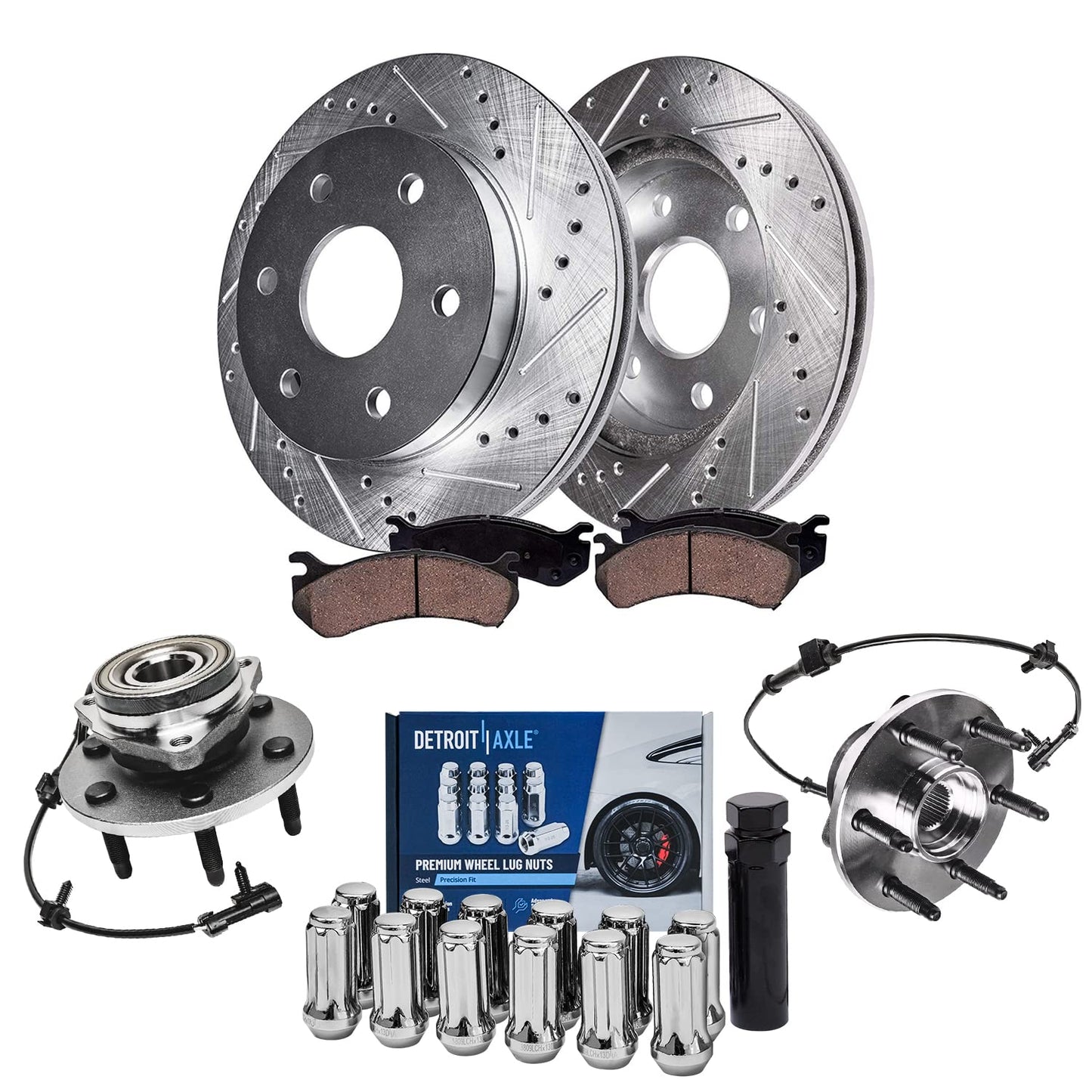 Detroit Axle - Brake Kit for 2006-2018 Dodge Ram 1500 2007-2009 Durango Chrysler Aspen 2019-2024 Ram 1500 Classic, Drilled Slotted Brake Rotors and Ceramic Brakes Pads w/Hardware Replacement