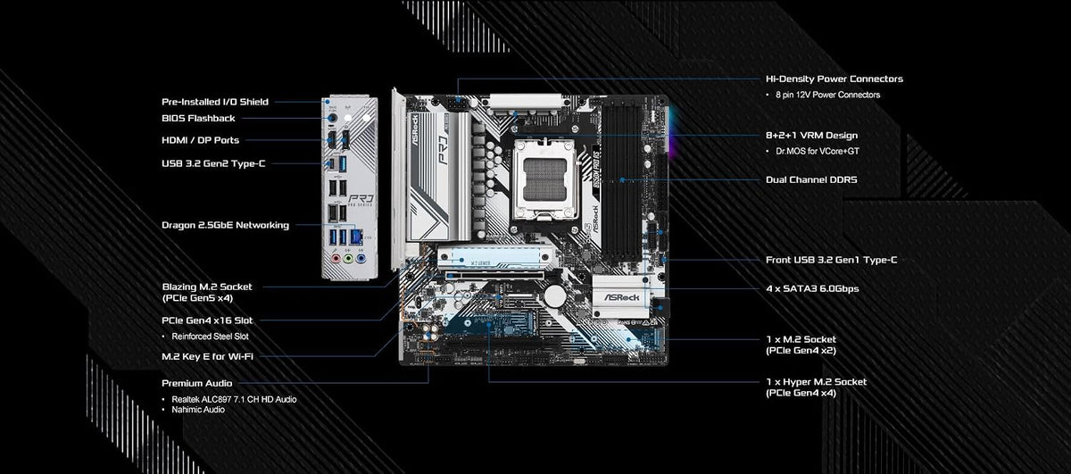 Asrock B650M Pro RS AMD Socket AM5 Ryzen 7000/8000/9000 Series DDR5 7200+ (OC) MHz 256GB M.2 Key E for WiFi SATA3 6.0 Gb/s Micro ATX Motherboard 2.5G LAN BIOS Flashback