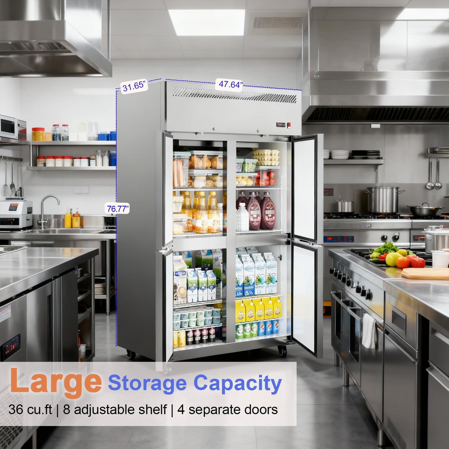 48" W 4 Door Commercial Refrigerator, 36 Cu.ft Stainless Steel Industrial Fridge (32℉~47℉) with 8 Adjustable Shelves, Lockable Door, Wheels, Auto-Defrost for Restaurant, Kitchen, Shop