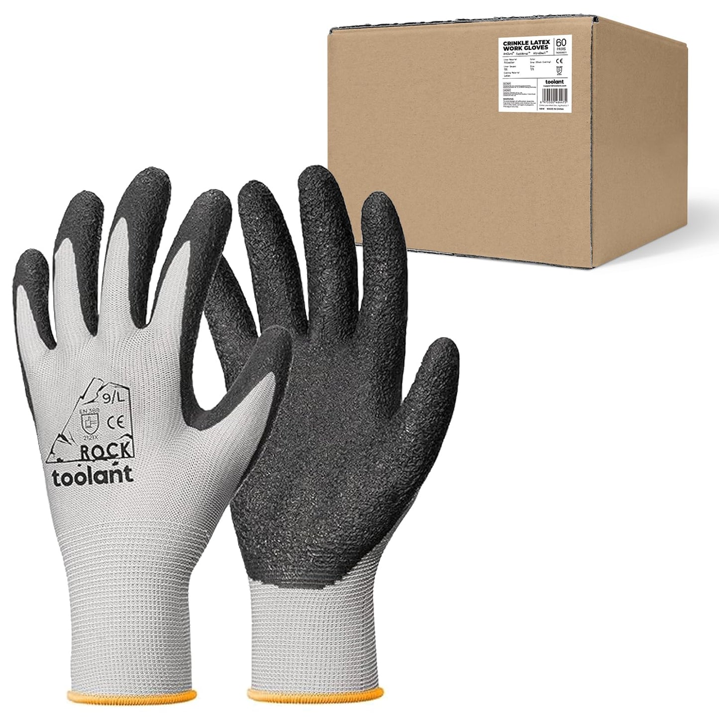 toolant Crinkle Latex Work Gloves Bulk, Rubber Coated Safety Work Gloves for Men and Women, 12 Pairs for Construction, Gardening, Warehouse (Black, Large)