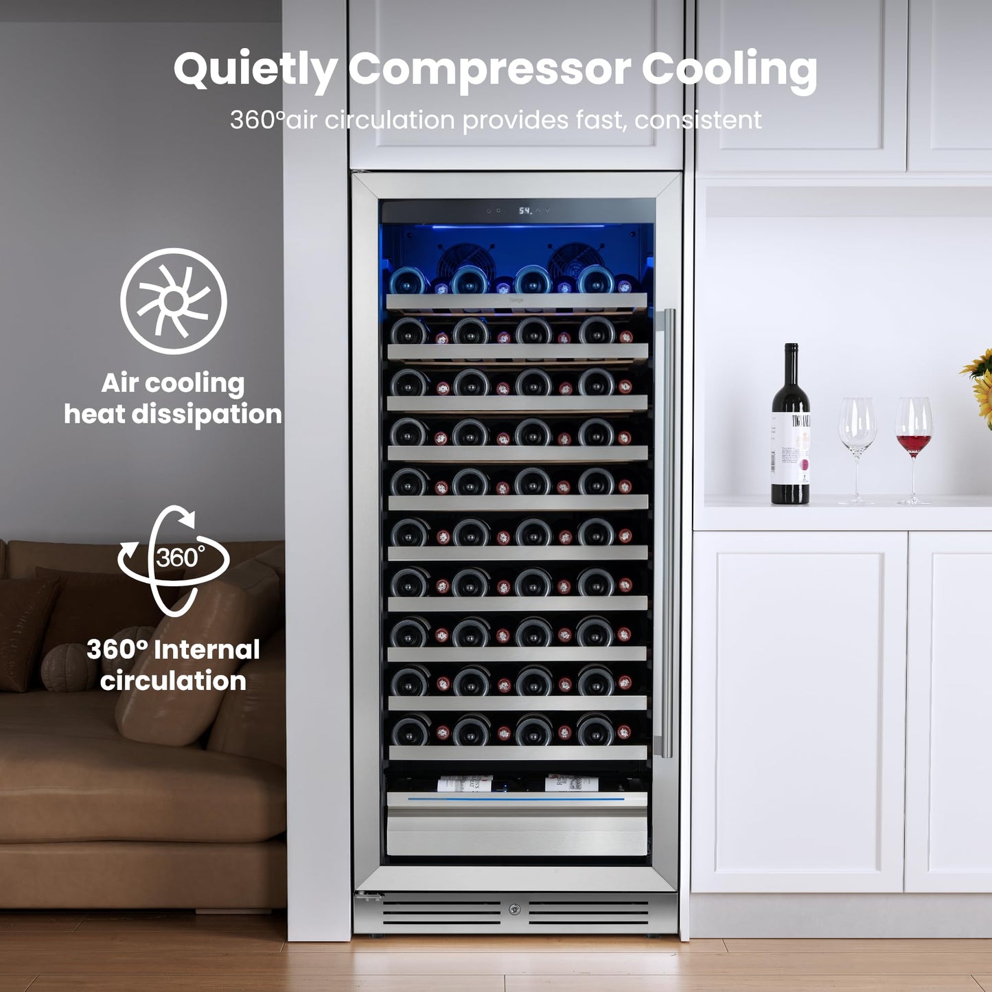 Yeego 24 Inch Wine Fridge Cooler - 52 Bottles Wine Cooler with Glass Door, 40-65℉ Built-In or Freestanding Refrigerator, Under Counter Wine Fridge for Kitchen Bar Office (Left-Hinged)