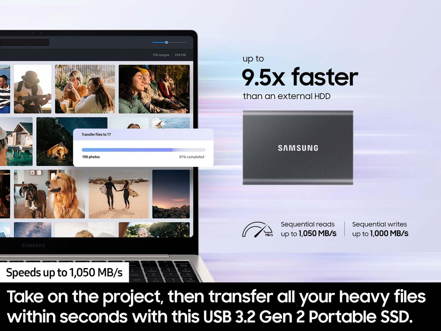 Samsung T7 Portable SSD, 2TB External Solid State Drive, Speeds Up to 1,050MB/s, USB 3.2 Gen 2, Reliable Storage for Gaming, Students, Professionals, MU-PC2T0T/AM, Gray