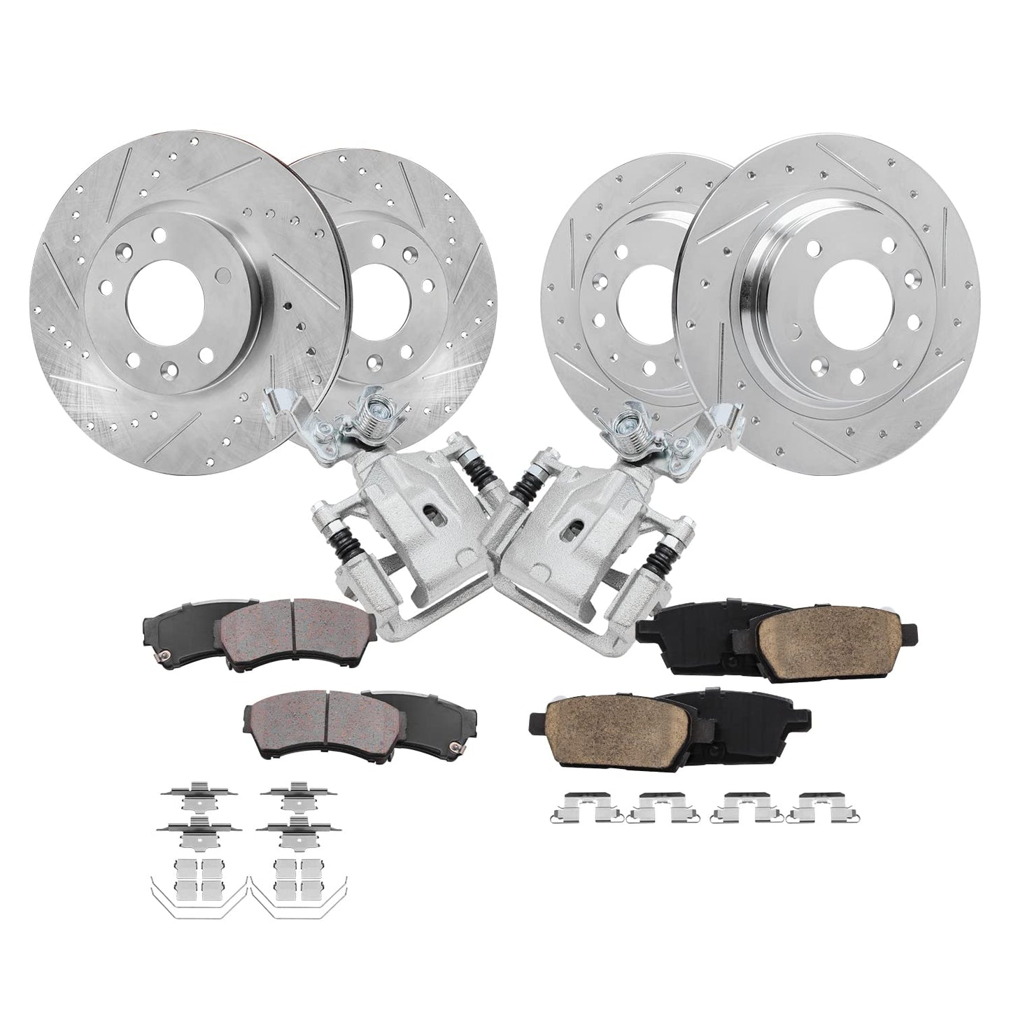 Detroit Axle - Brake Kit for Chevy GMC Silverado Sierra 1500 Tahoe Yukon XL Suburban Escalade ESV Drilled Disc Rotors Ceramic Brakes Pads Replacement : 12.99" Front & 13.58" Rear Rotor