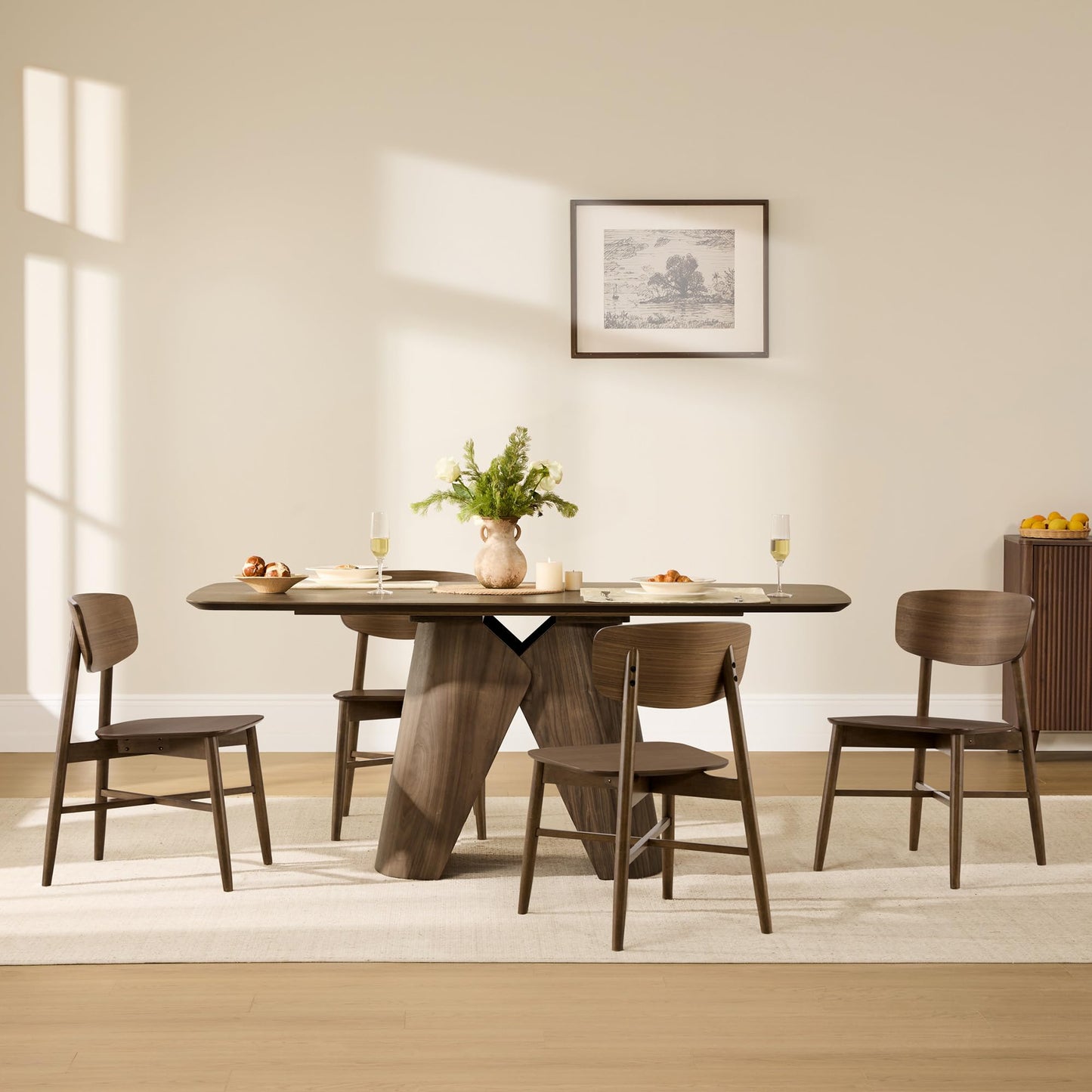 CHITA Soild Wood Dining Chairs Set of 4, Mid Century Modern Walnut Wood Kitchen Chairs with Curved Backrest, Dining Room Chair for Kitchen, Restaurant